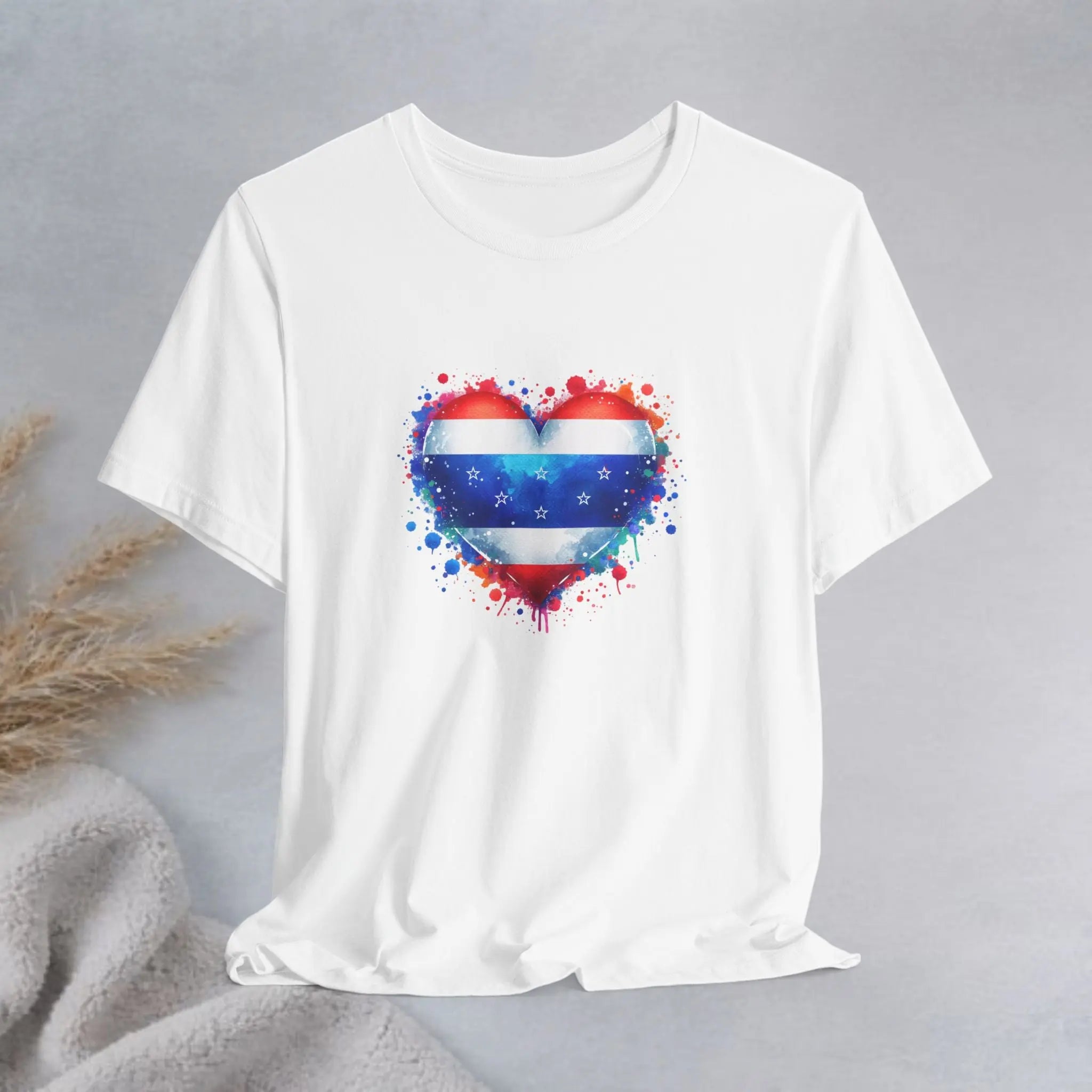 Splatter Heart and Stars T-Shirt – Watercolor Patriot Tee for National Holidays Printify