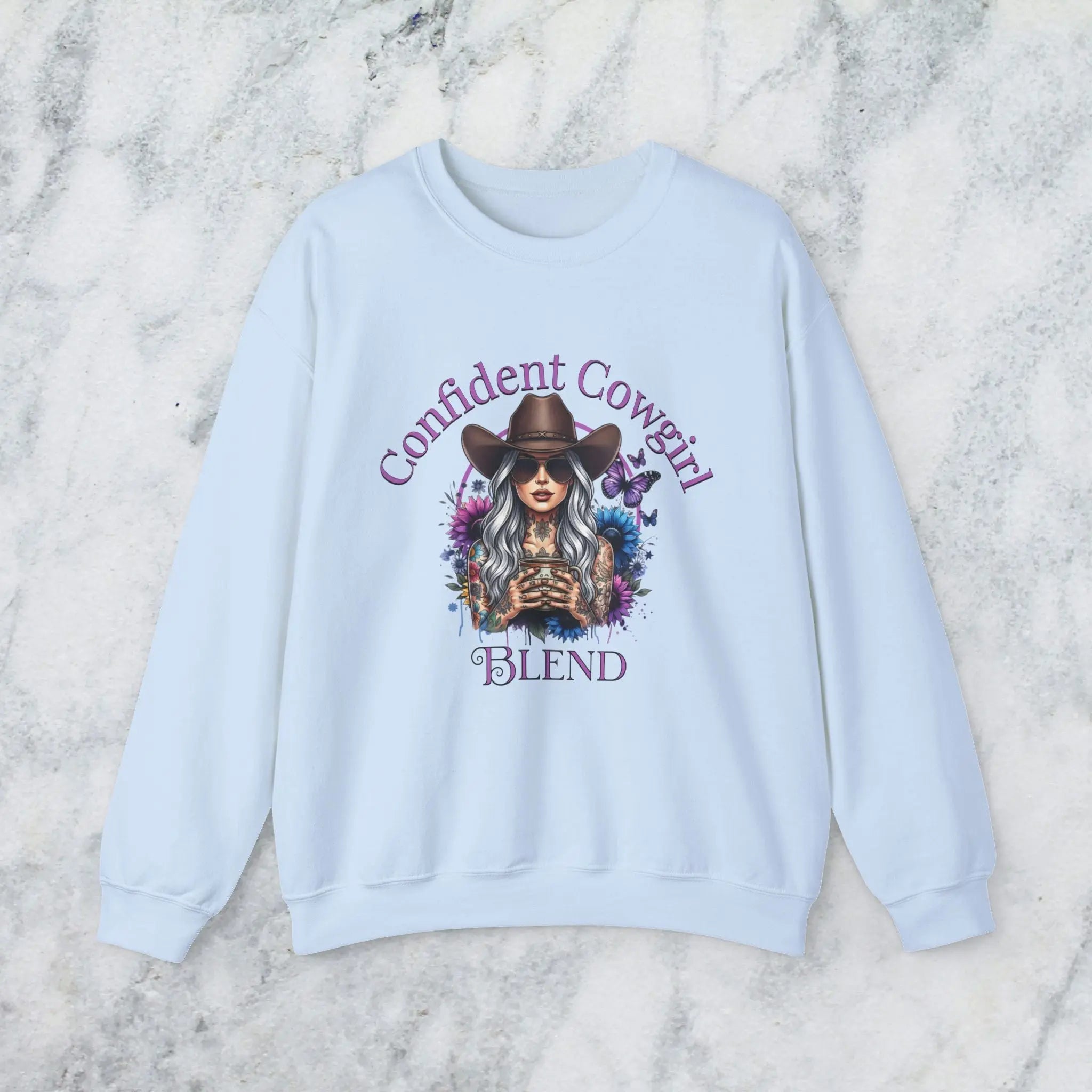 Confident Cowgirl Sweatshirt — Floral Western Coffee Blend Graphic Shirt Printify