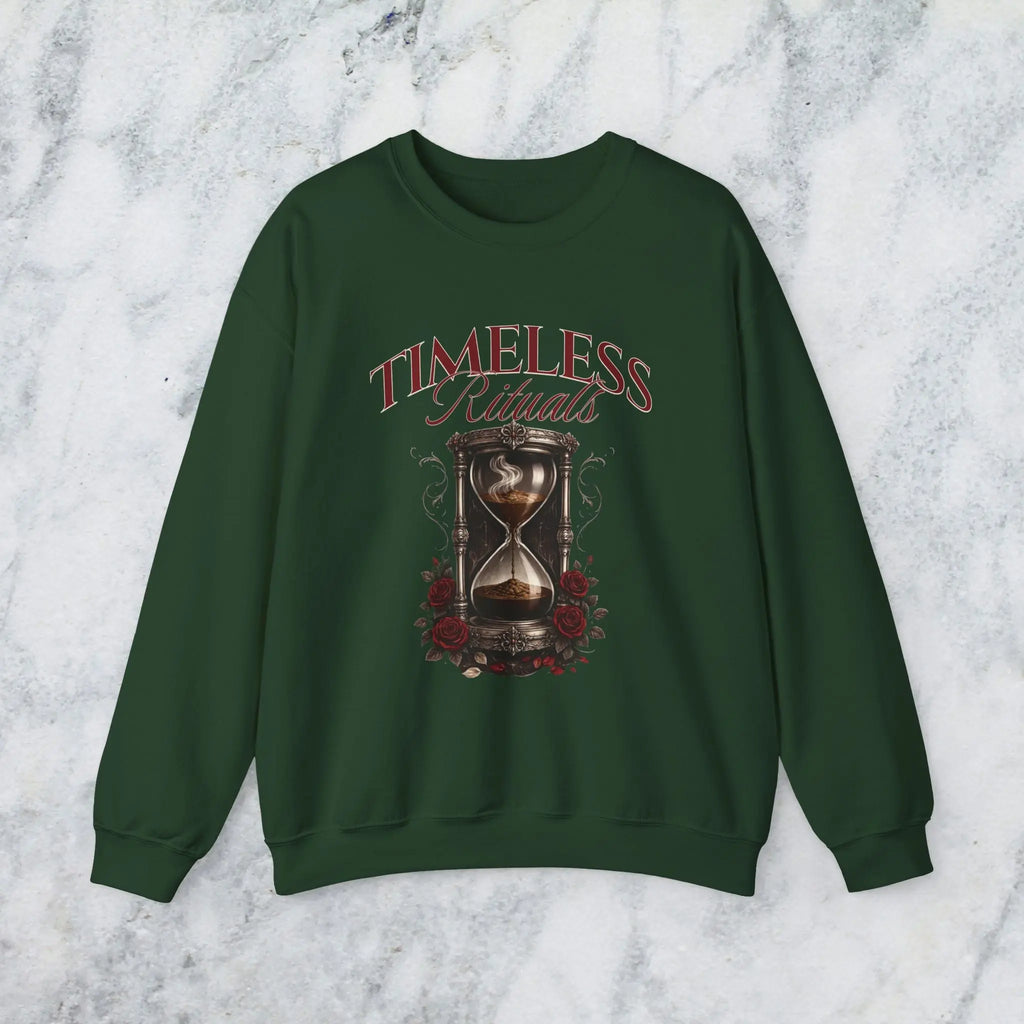 Timeless Rituals Hourglass Crewneck Sweatshirt — Gothic Vintage Rose Graphic Printify