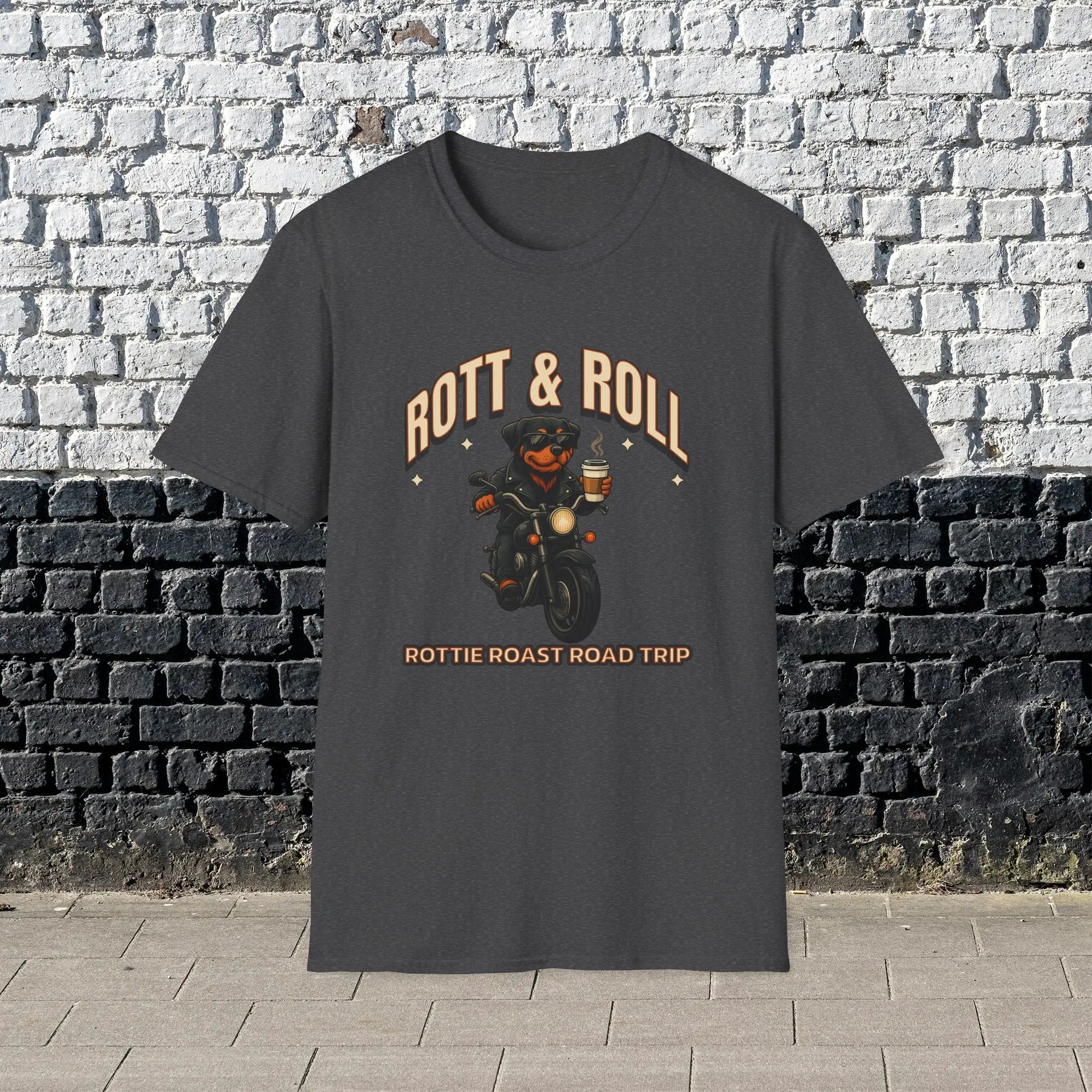 Rott & Roll T-Shirt — 'Rottie Roast Road Trip' Motorcycle Dog Graphic Tee Printify