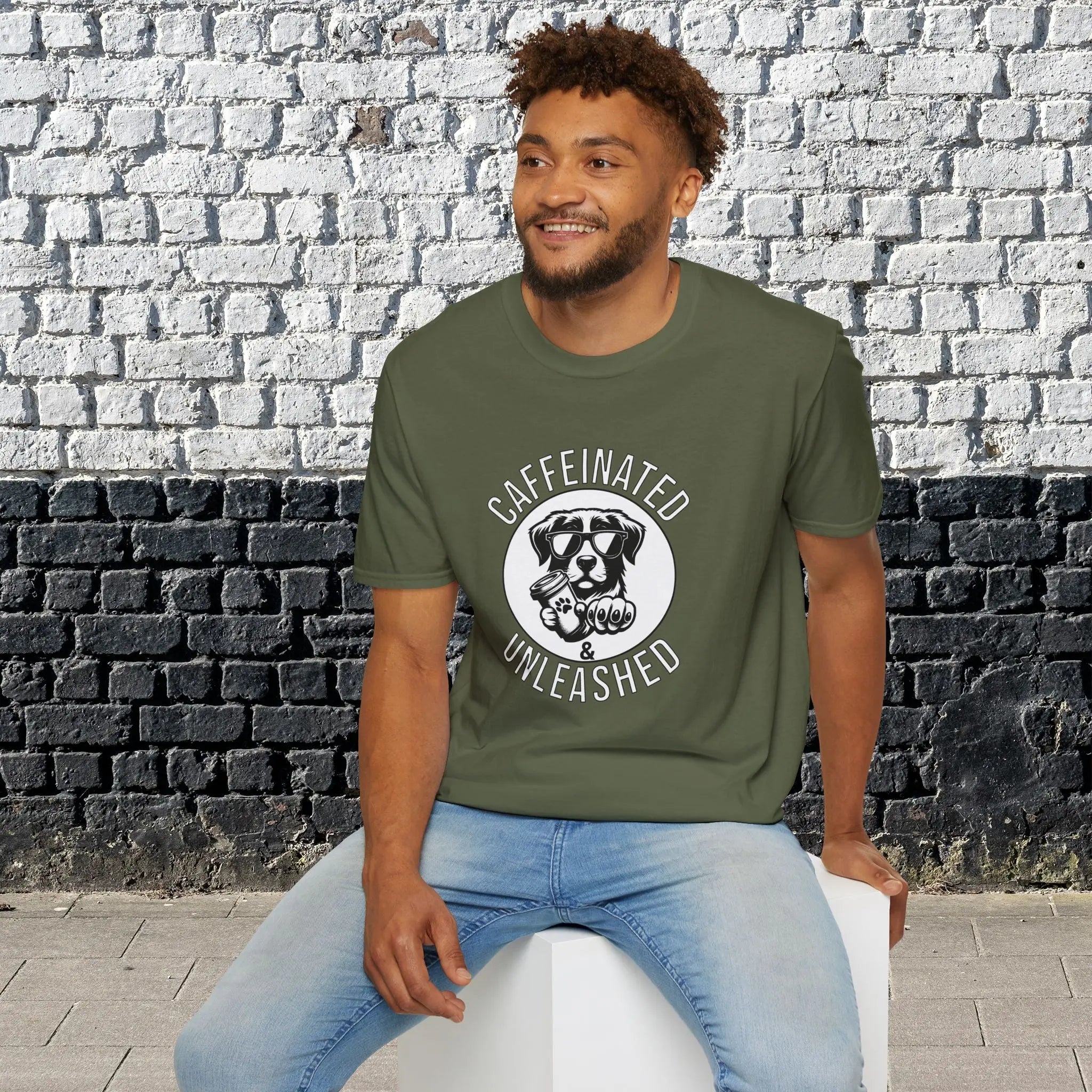 Caffeinated & Unleashed T-Shirt — Funny Coffee Lover Puppy Tee Printify
