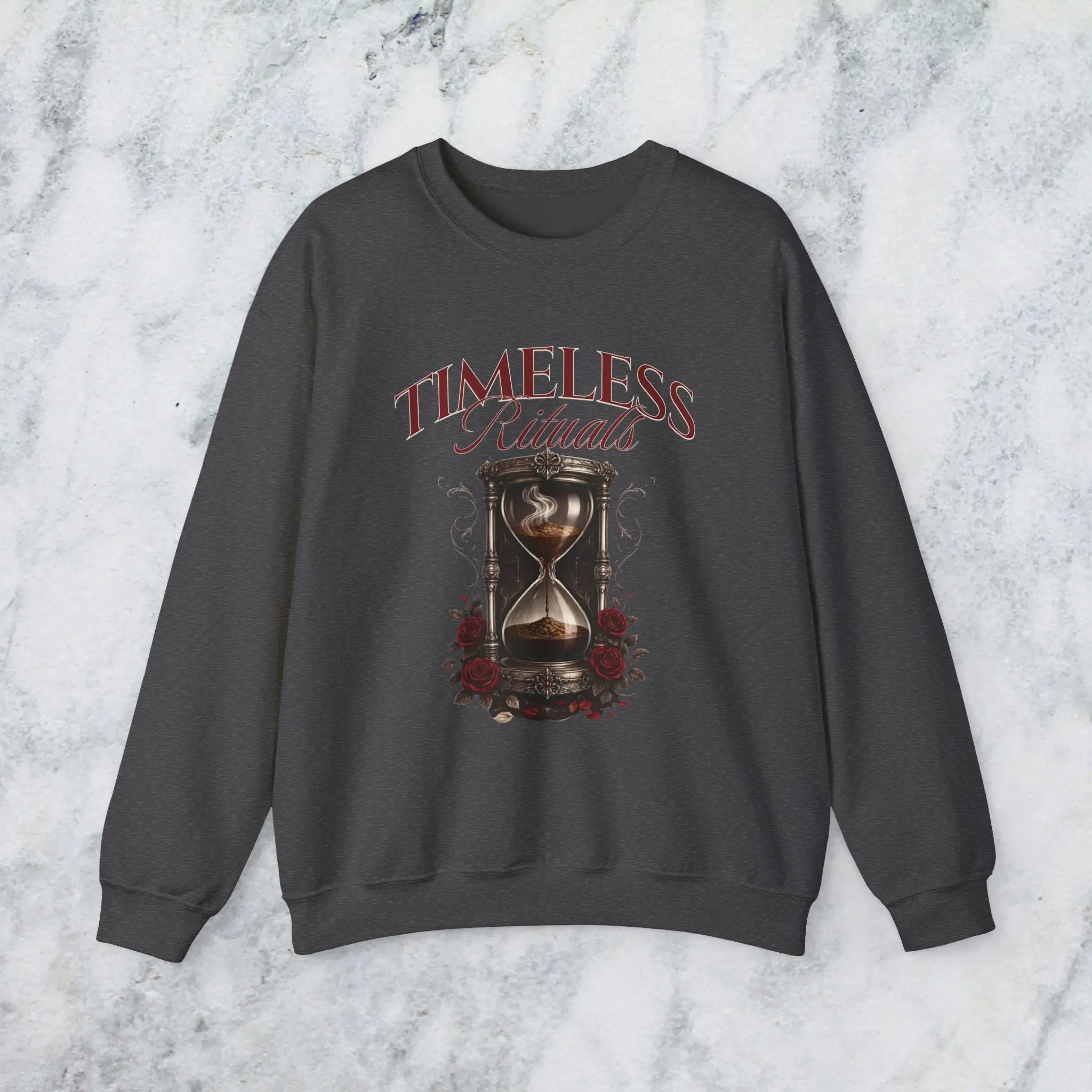 Timeless Rituals Hourglass Crewneck Sweatshirt — Gothic Vintage Rose Graphic Printify