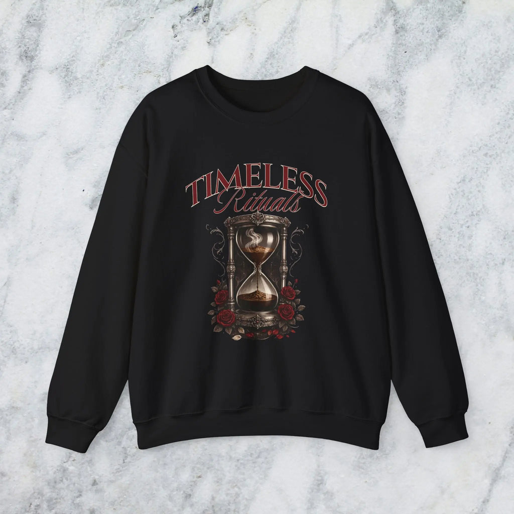 Timeless Rituals Hourglass Crewneck Sweatshirt — Gothic Vintage Rose Graphic Printify