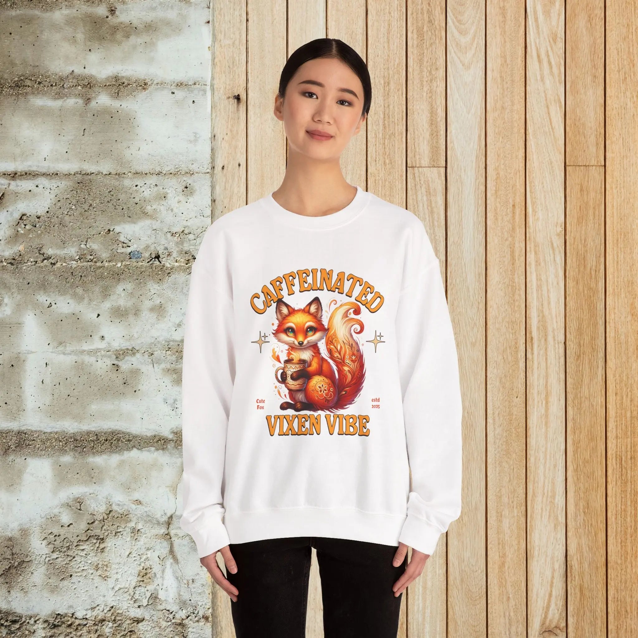 Caffeinated Vixen Vibe Sweatshirt, Cozy Unisex Crewneck for Coffee Lovers, Gift for Birthdays, Fall Fashion, Cute Animal Sweater Printify