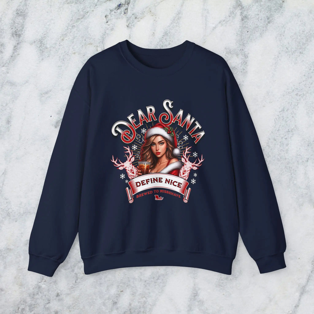 Holiday Sweatshirt — “Dear Santa, Define Nice” Iced Coffee Funny Christmas Crewneck Printify