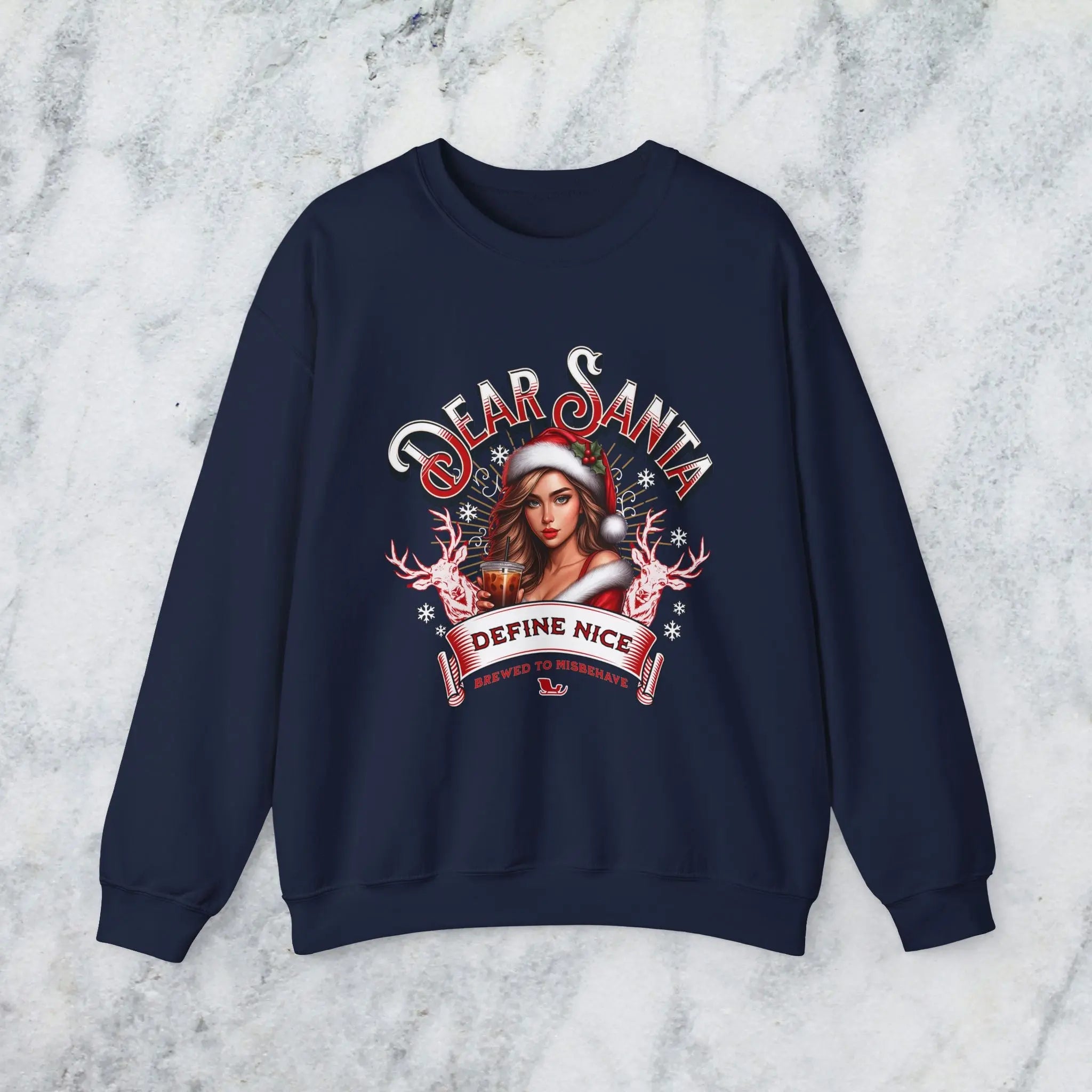 Holiday Sweatshirt — “Dear Santa, Define Nice” Iced Coffee Funny Christmas Crewneck Printify