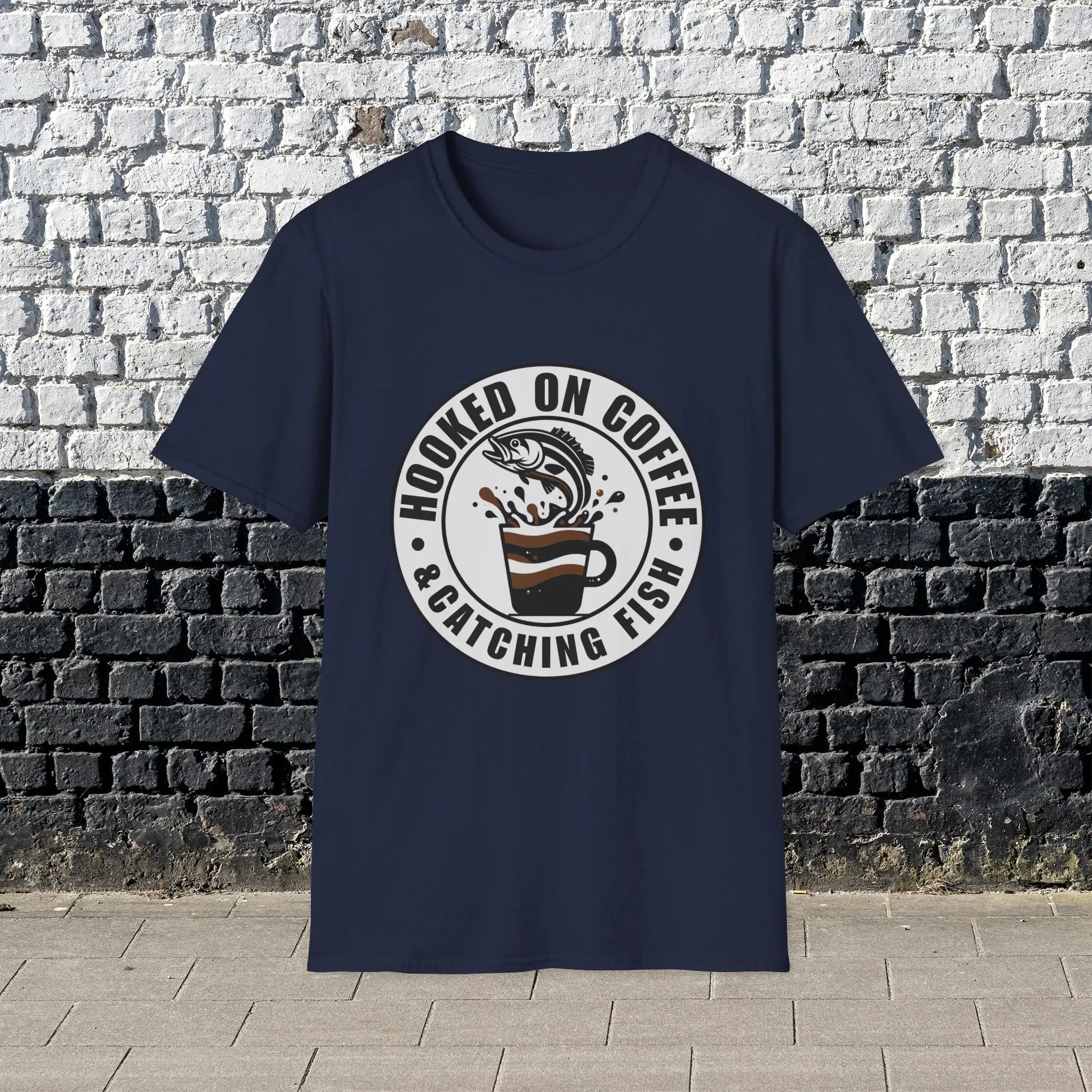 Hooked on Coffee & Catching Fish T‑Shirt – Fishing & Coffee Lover Tee Printify