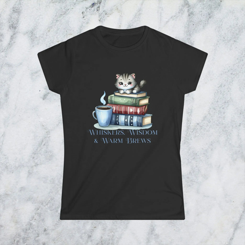 Whiskers Wisdom & Warm Brews Shirt – Cute Cat Coffee Lover Tee, Bookworm Cozy Reading T-Shirt, Cat Mom Gift for Caffeine Lovers Printify