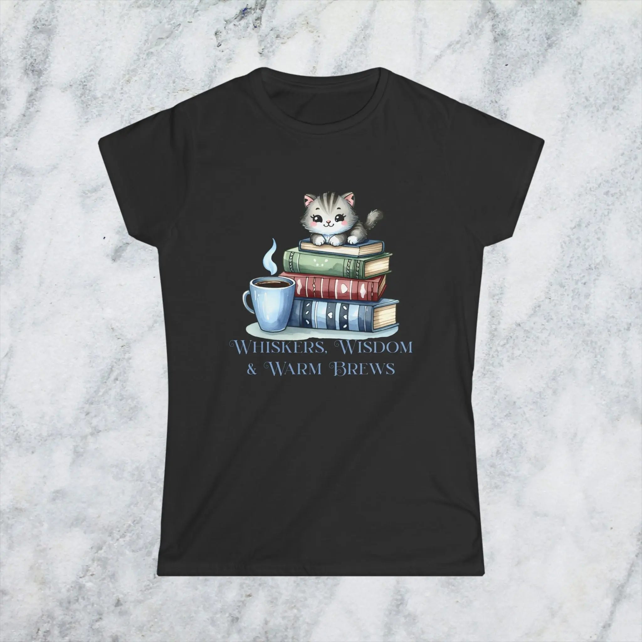 Whiskers Wisdom & Warm Brews Shirt – Cute Cat Coffee Lover Tee, Bookworm Cozy Reading T-Shirt, Cat Mom Gift for Caffeine Lovers Printify