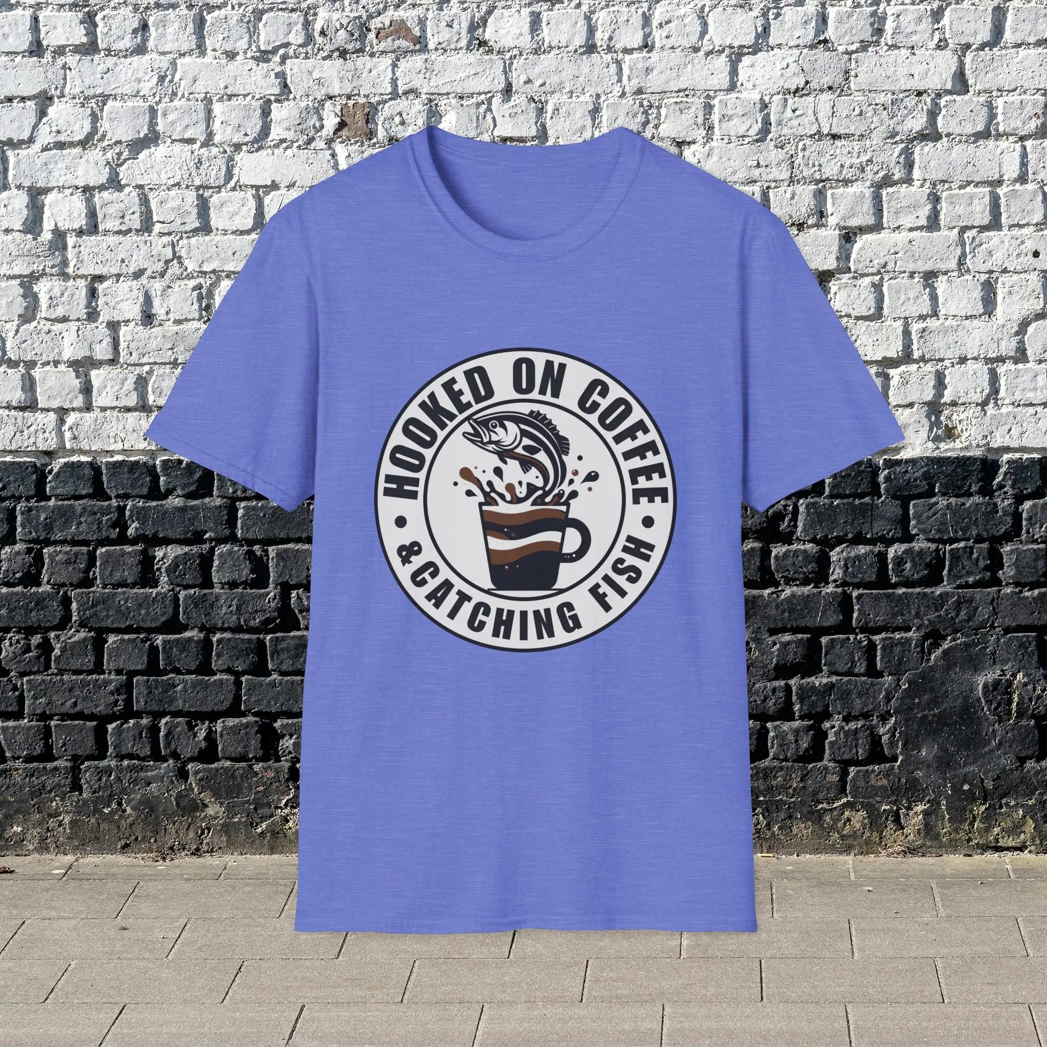 Hooked on Coffee & Catching Fish T‑Shirt – Fishing & Coffee Lover Tee Printify