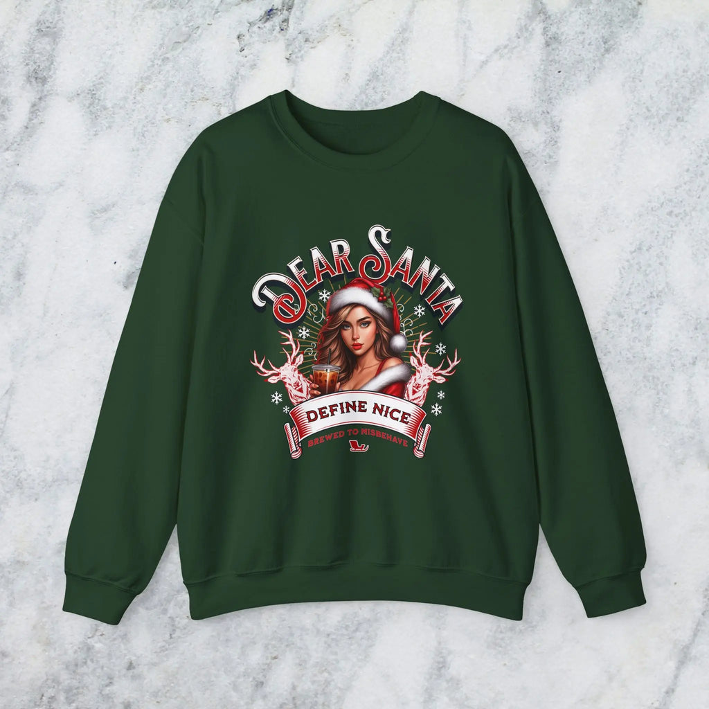 Holiday Sweatshirt — “Dear Santa, Define Nice” Iced Coffee Funny Christmas Crewneck Printify
