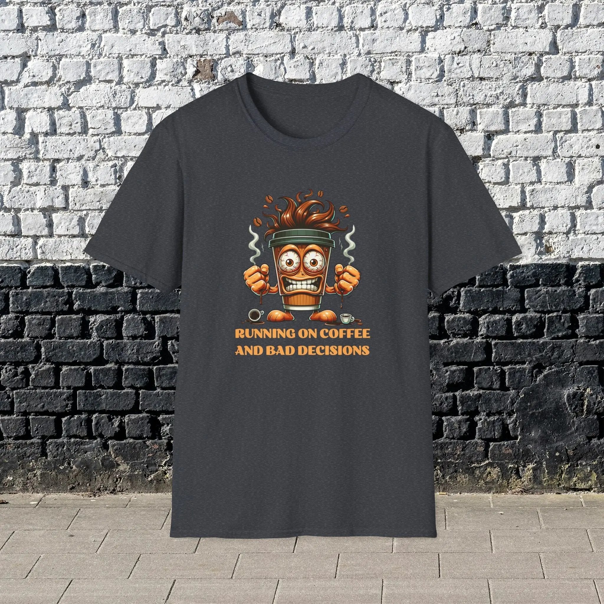 Running on Coffee and Bad Decisions Shirt – Funny Caffeine Lover T-Shirt, Sarcastic Coffee Tee, Gift for Coffee Addicts & Humor Fans Printify