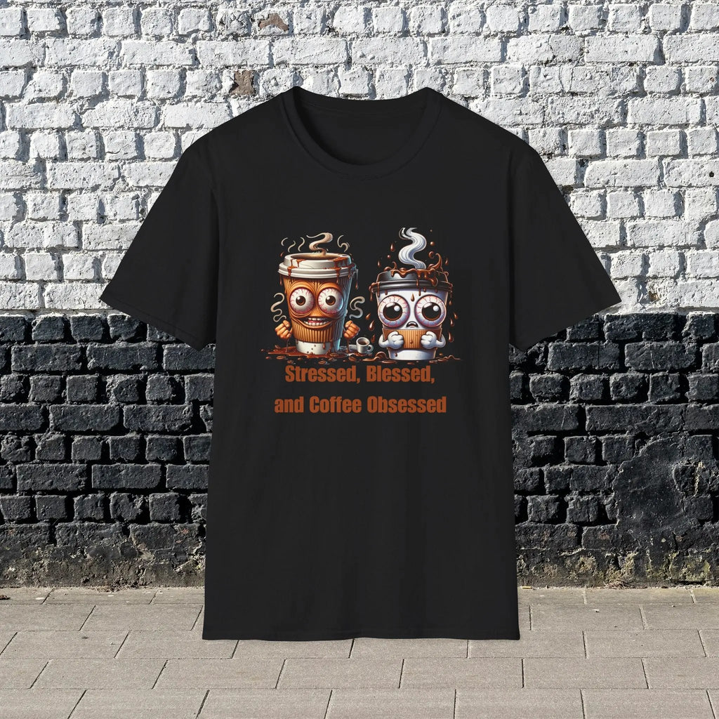 Stressed Blessed and Coffee Obsessed Shirt – Funny Coffee Lover T-Shirt, Caffeine Addict Tee, Cute Coffee Gift for Him Printify