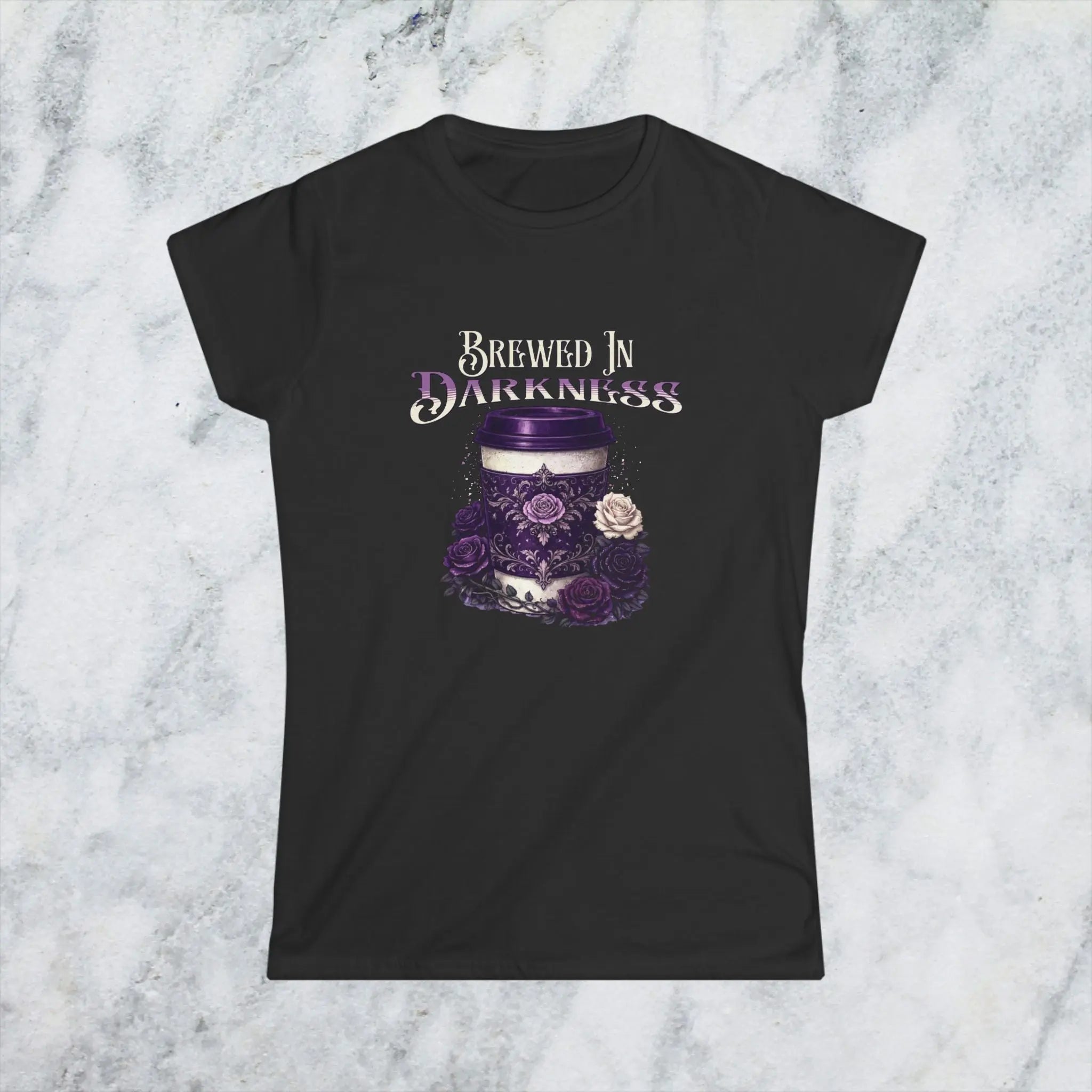Brewed In Darkness Tee — Gothic Coffee Cup Floral Design Printify