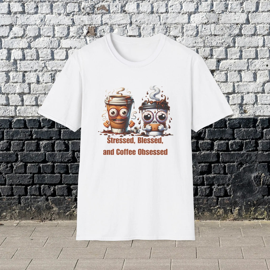 Stressed Blessed and Coffee Obsessed Shirt – Funny Coffee Lover T-Shirt, Caffeine Addict Tee, Cute Coffee Gift for Him Printify