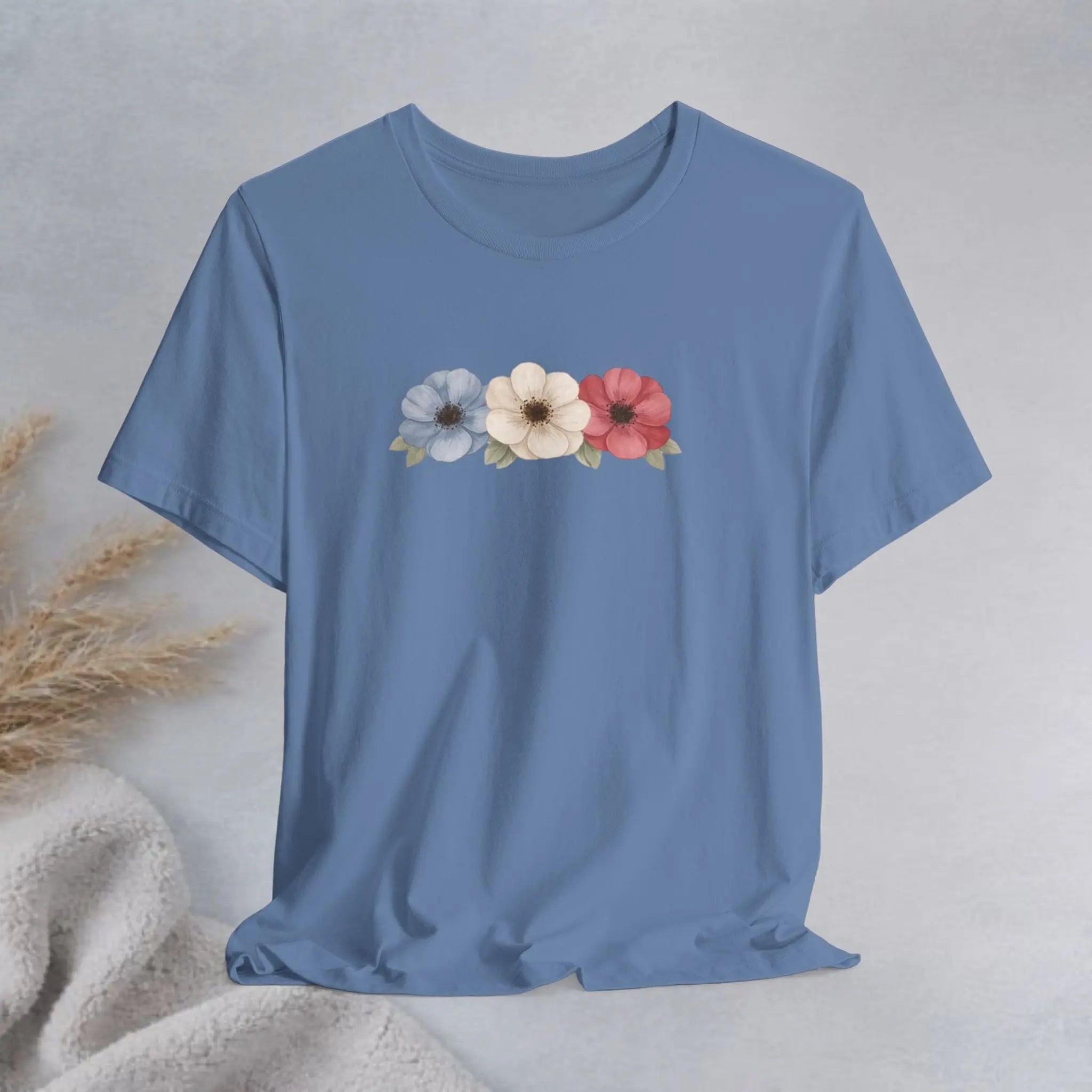 Floral Trio Tee — Vintage Red, Cream & Blue Poppy Graphic T-Shirt Printify
