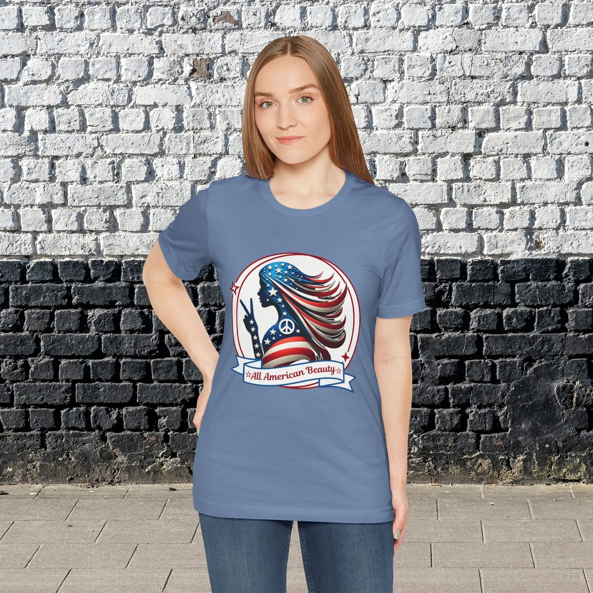 All American Beauty T-Shirt — Red White & Blue Peace Sign Silhouette Printify