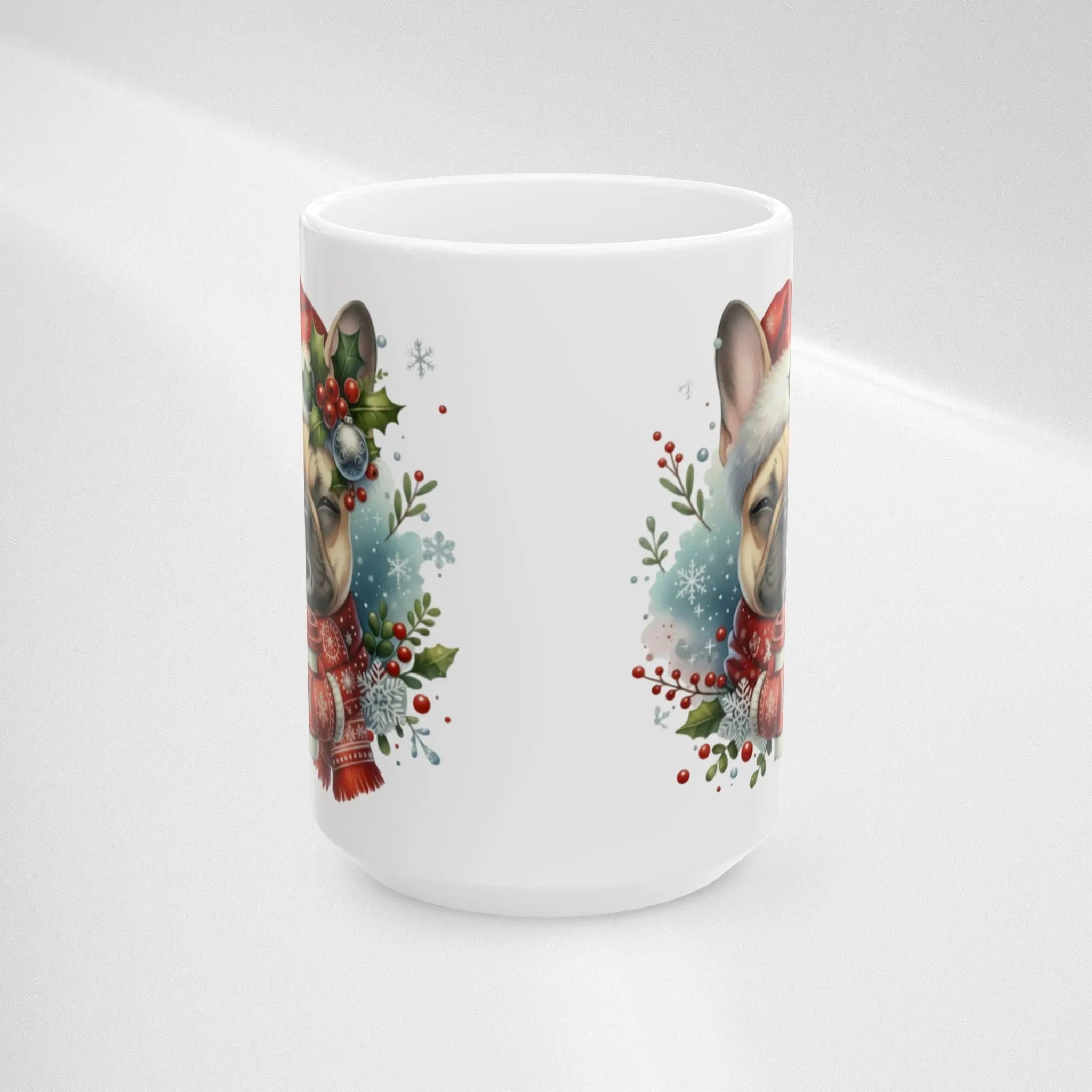 Christmas French Bulldog Coffee Mug — Frenchie in Santa Hat (15oz) Printify