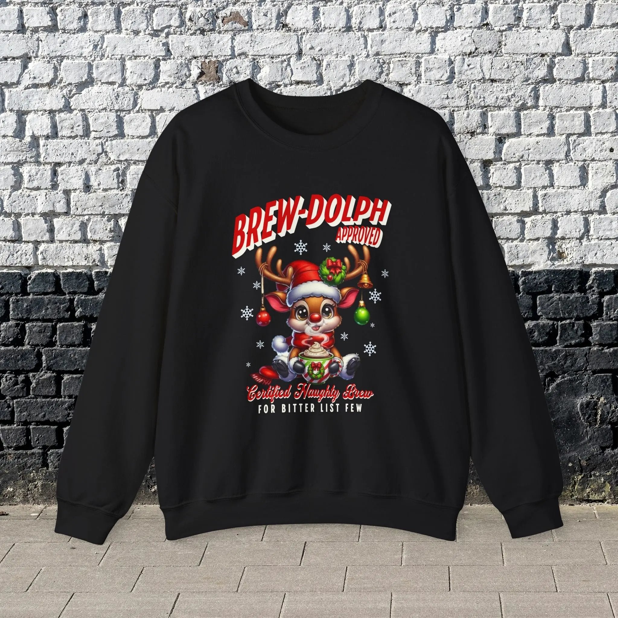 Brew-Dolph Christmas Sweatshirt — Cute Reindeer Holiday Crewneck (Gingerbread & Cocoa) Printify