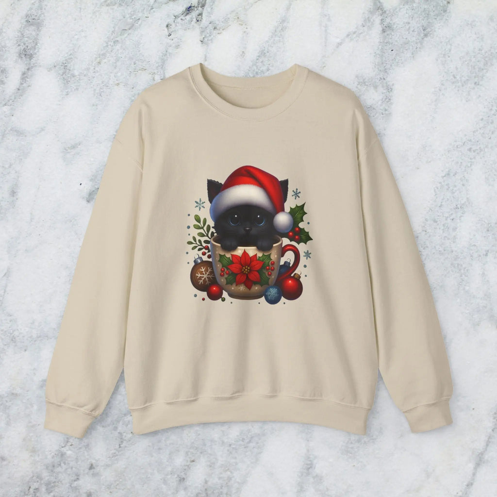 Christmas Kitten Coffee Cup Sweatshirt — Cute Black Cat in Santa Hat Holiday Crewneck Printify
