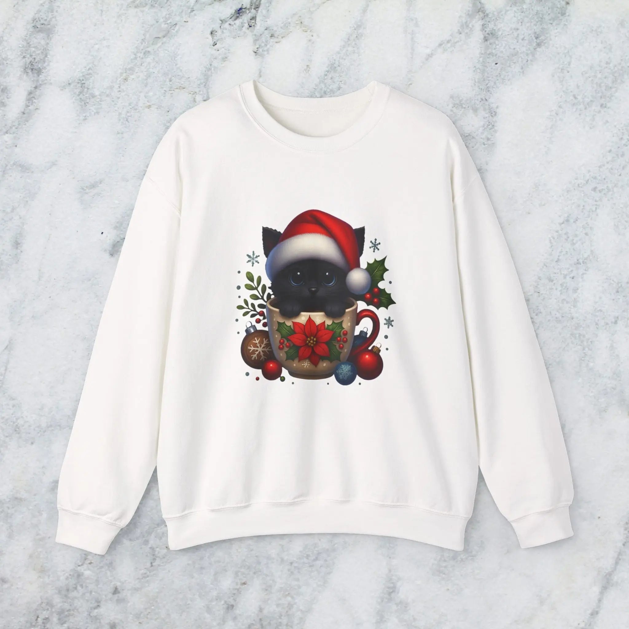 Christmas Kitten Coffee Cup Sweatshirt — Cute Black Cat in Santa Hat Holiday Crewneck Printify