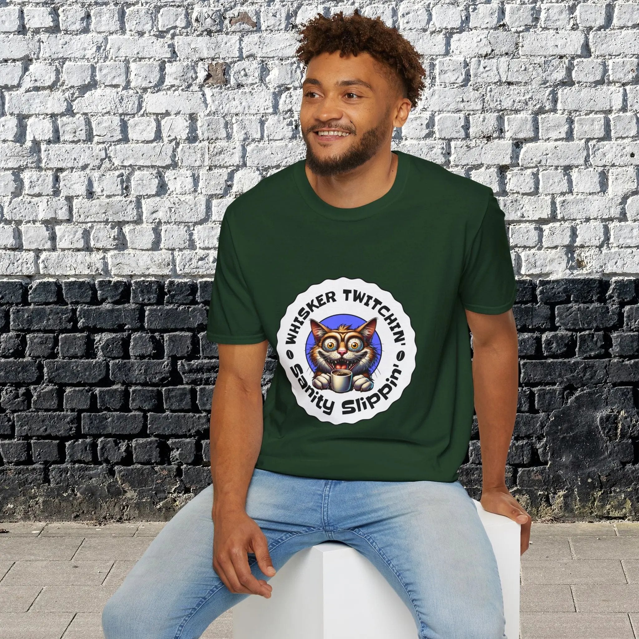 Whisker Twitchin’ Sanity Slippin’ T-Shirt – Funny Crazy Cat Coffee Lover Tee for Men and Women, Caffeine Addict Humor Gift Shirt Printify
