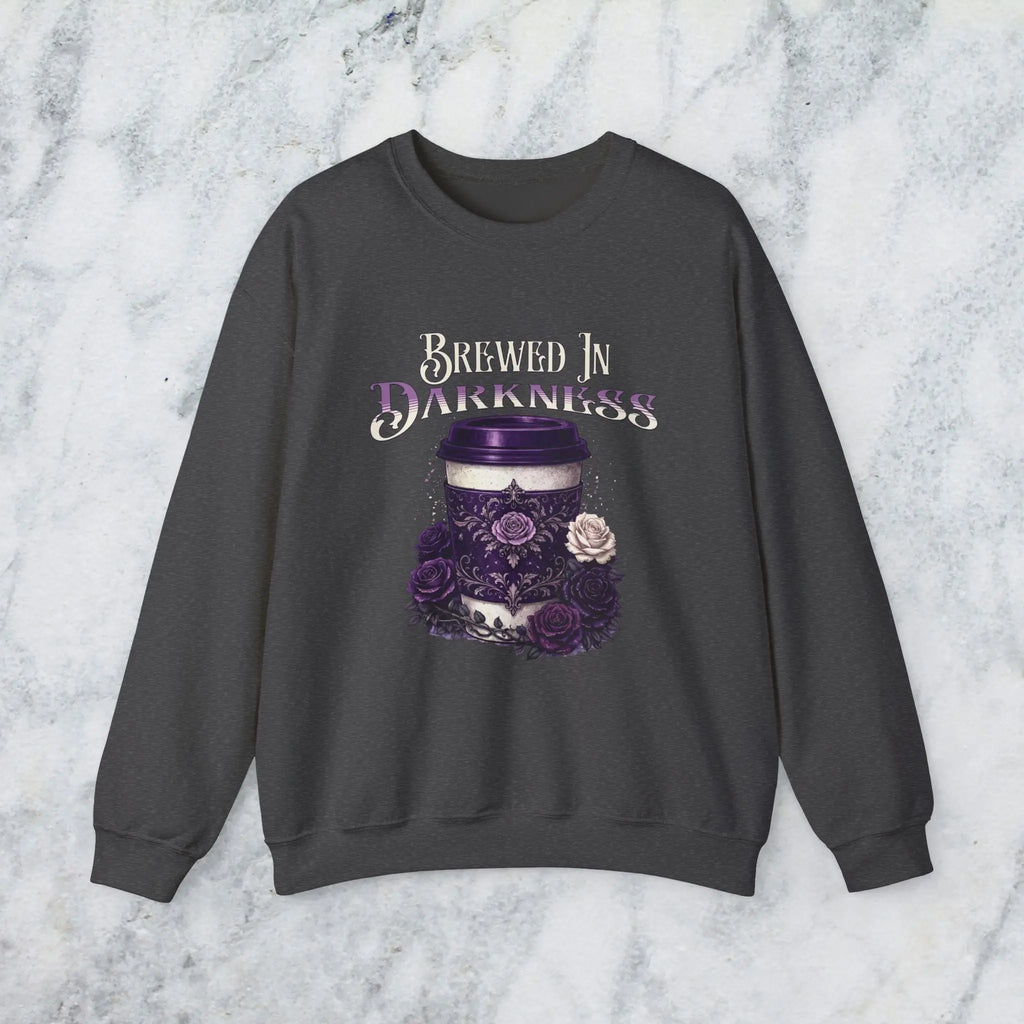 Brewed in Darkness Sweatshirt — Gothic Coffee Cup Graphic Printify