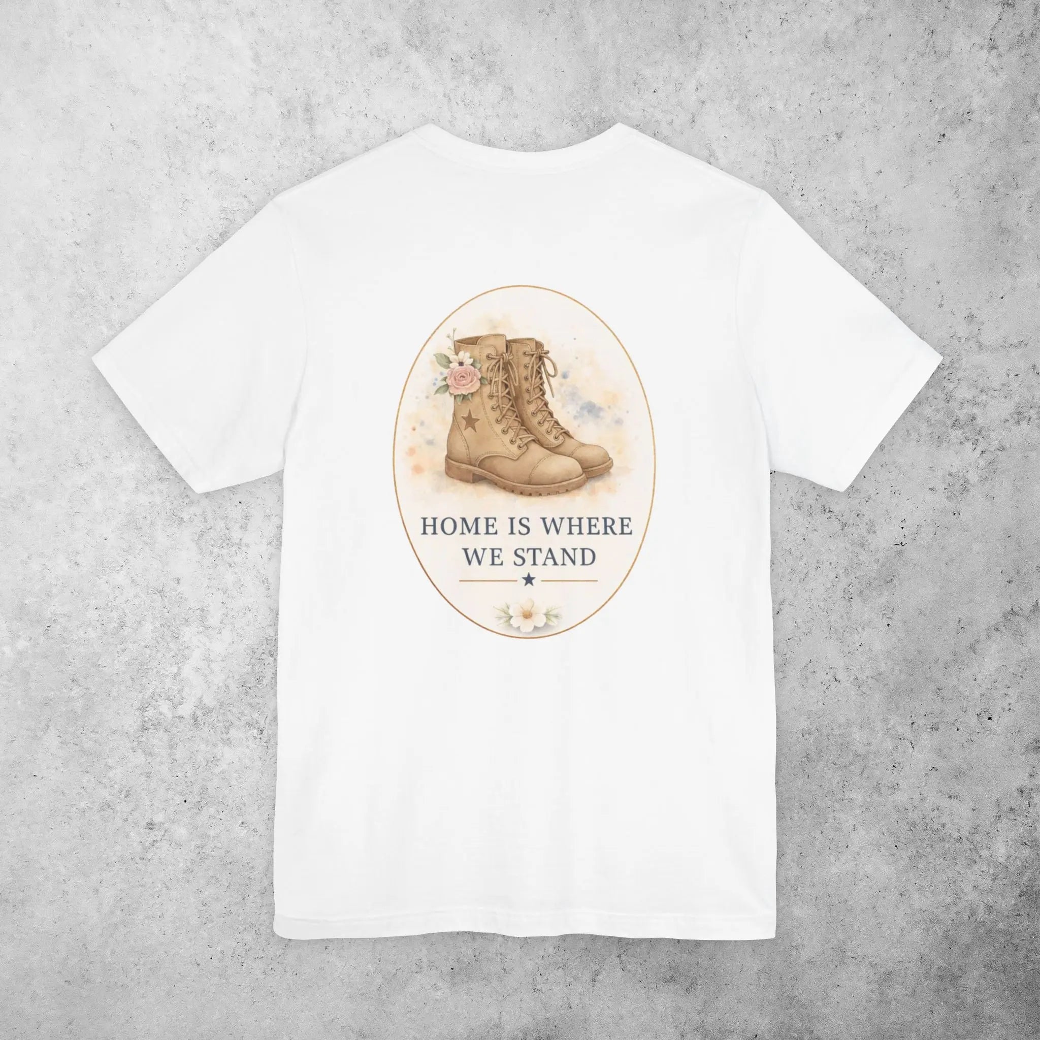 Home Is Where We Stand Tee — Hiking Boots Floral Graphic Shirt Printify