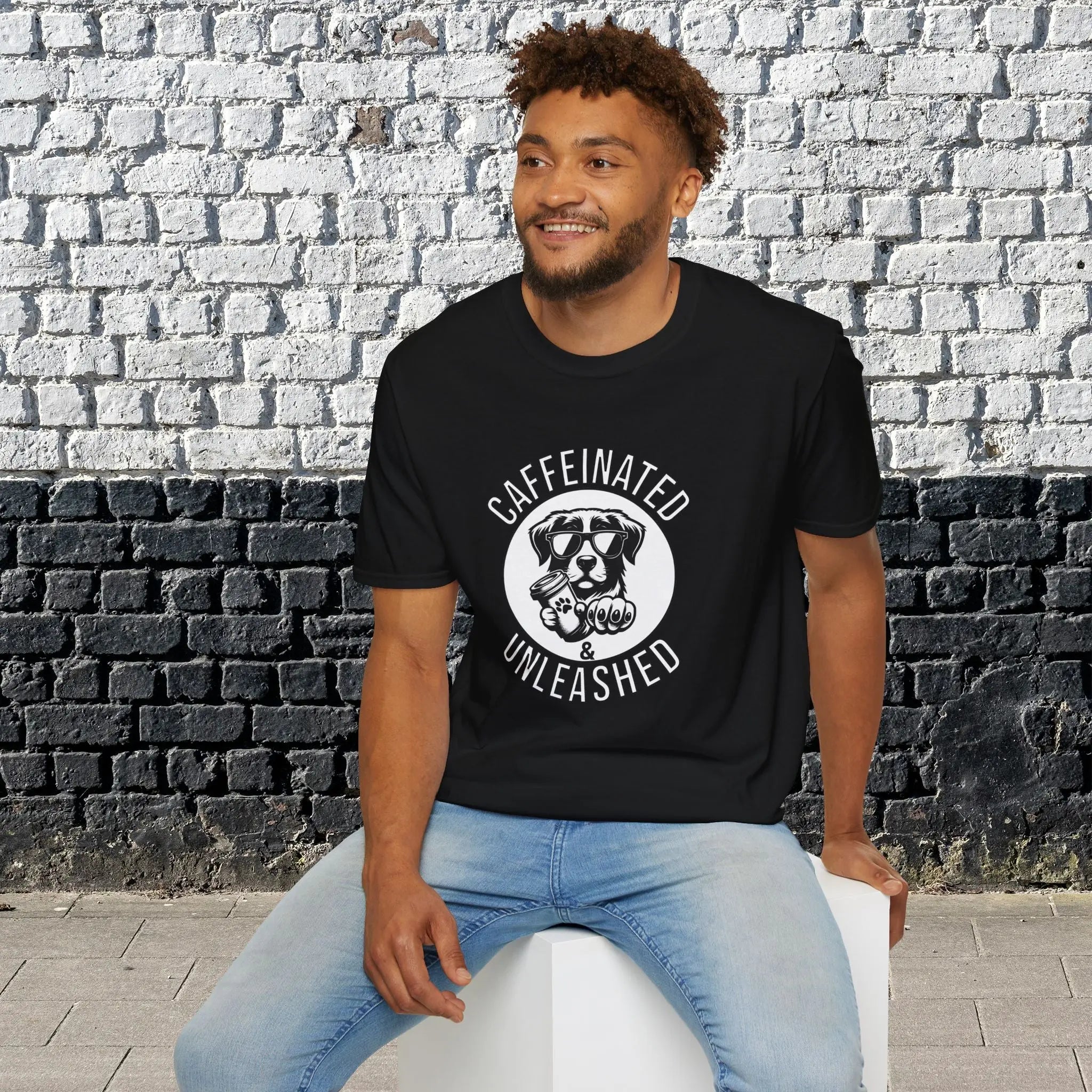 Caffeinated & Unleashed T-Shirt — Funny Coffee Lover Puppy Tee Printify