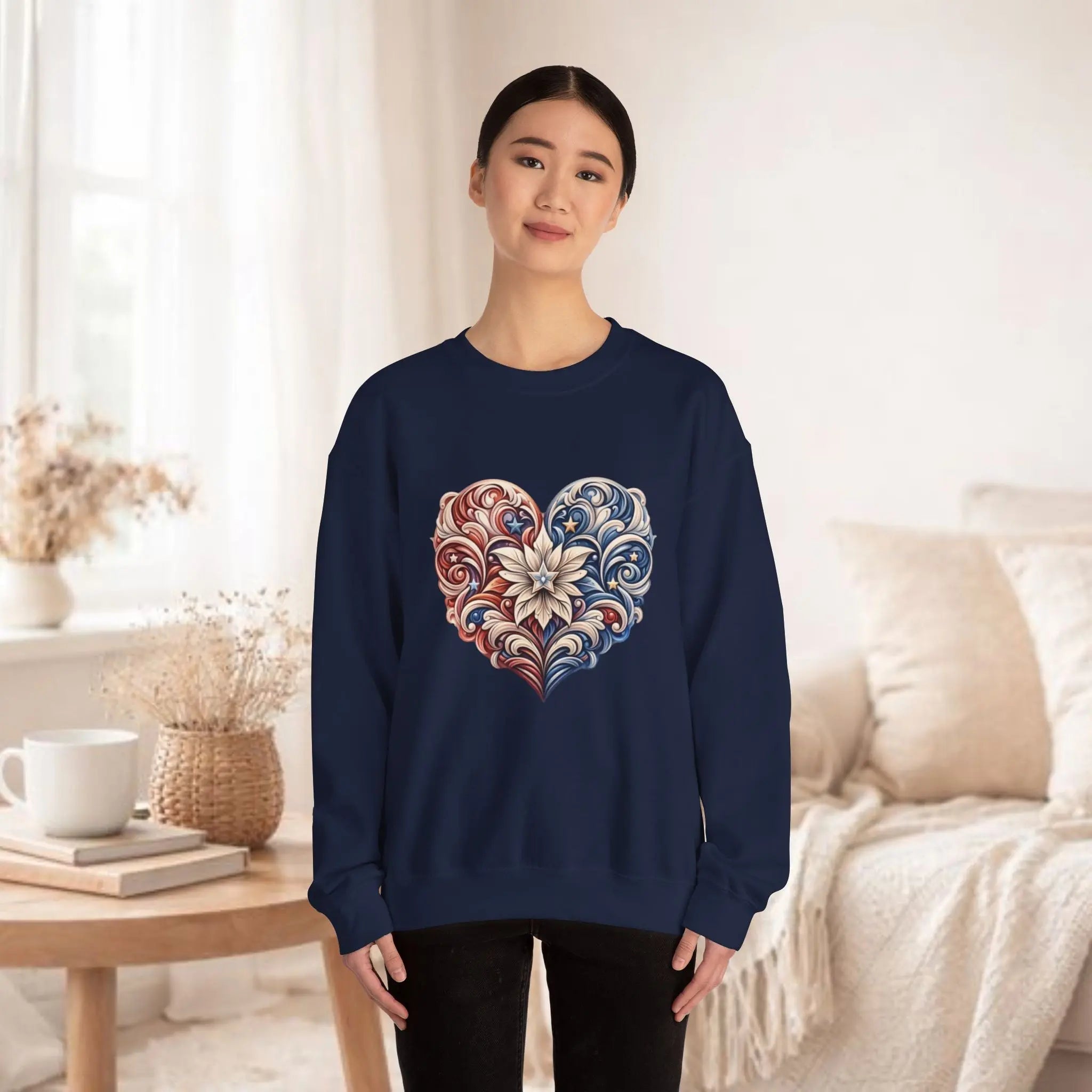 Floral Filigree Heart Sweatshirt — Red & Blue Ornate Heart Design Printify