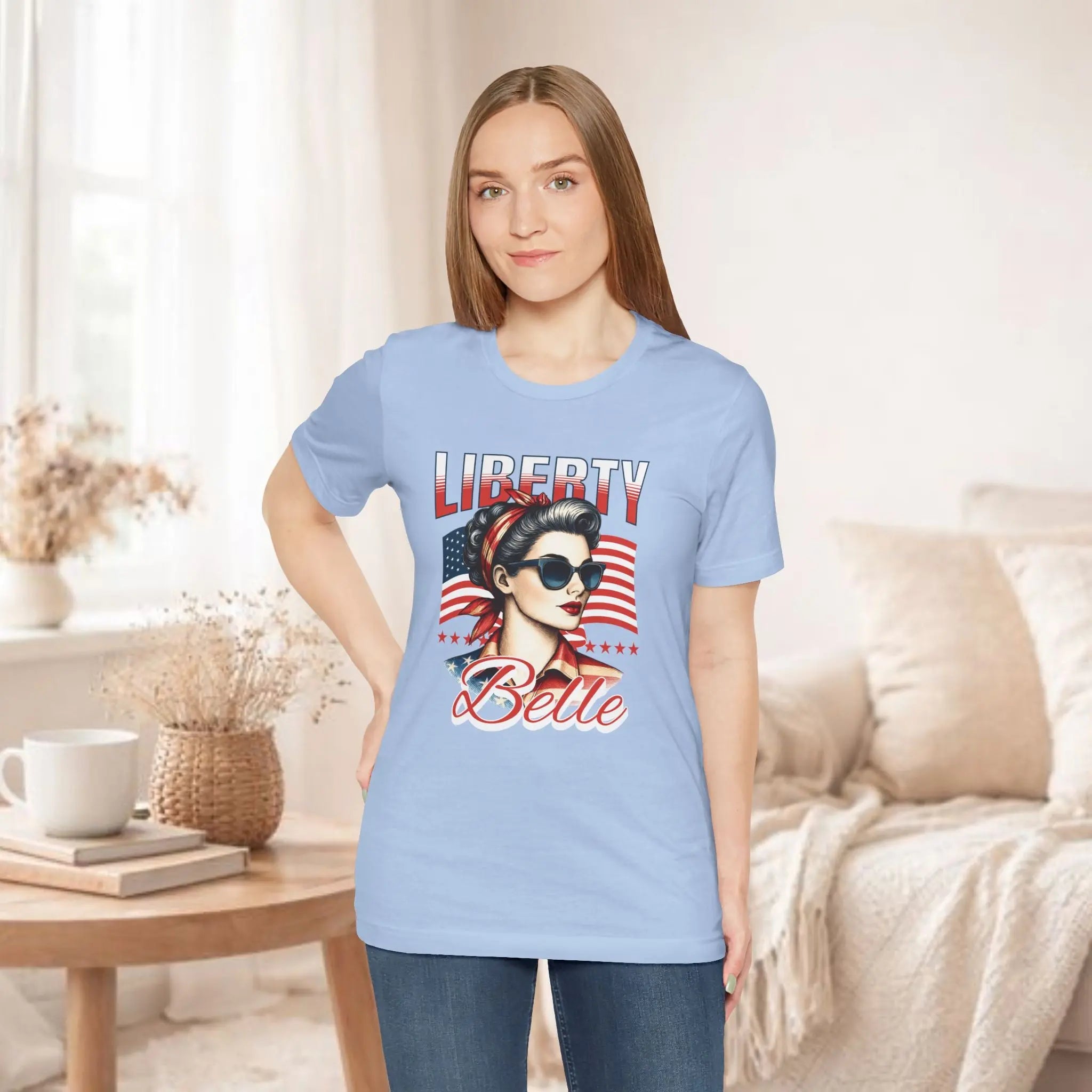 Liberty Belle Retro Patriotic Tee — Vintage American Flag Woman Design Printify