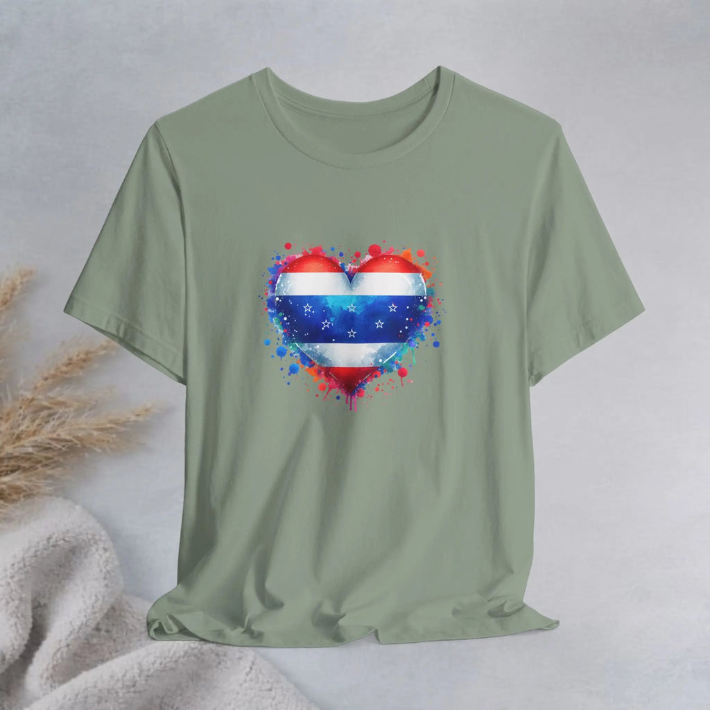 Splatter Heart and Stars T-Shirt – Watercolor Patriot Tee for National Holidays Printify