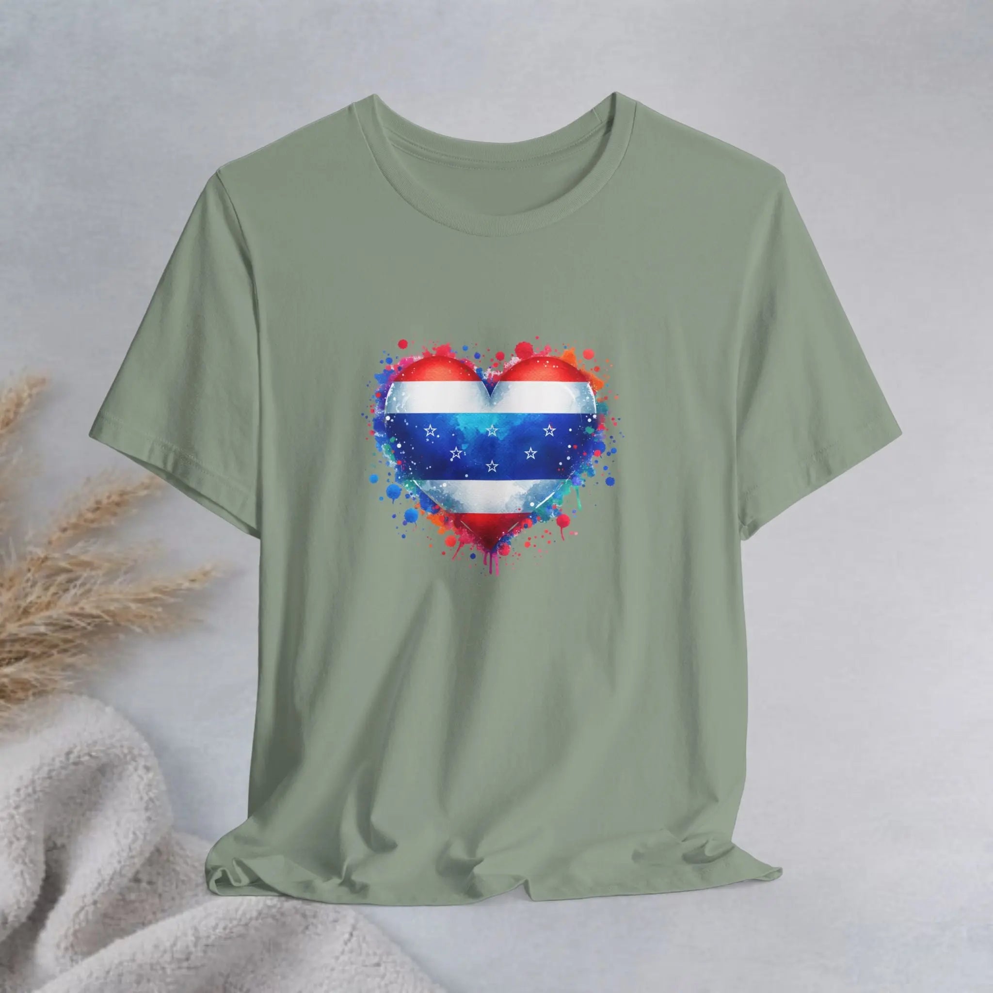 Splatter Heart and Stars T-Shirt – Watercolor Patriot Tee for National Holidays Printify