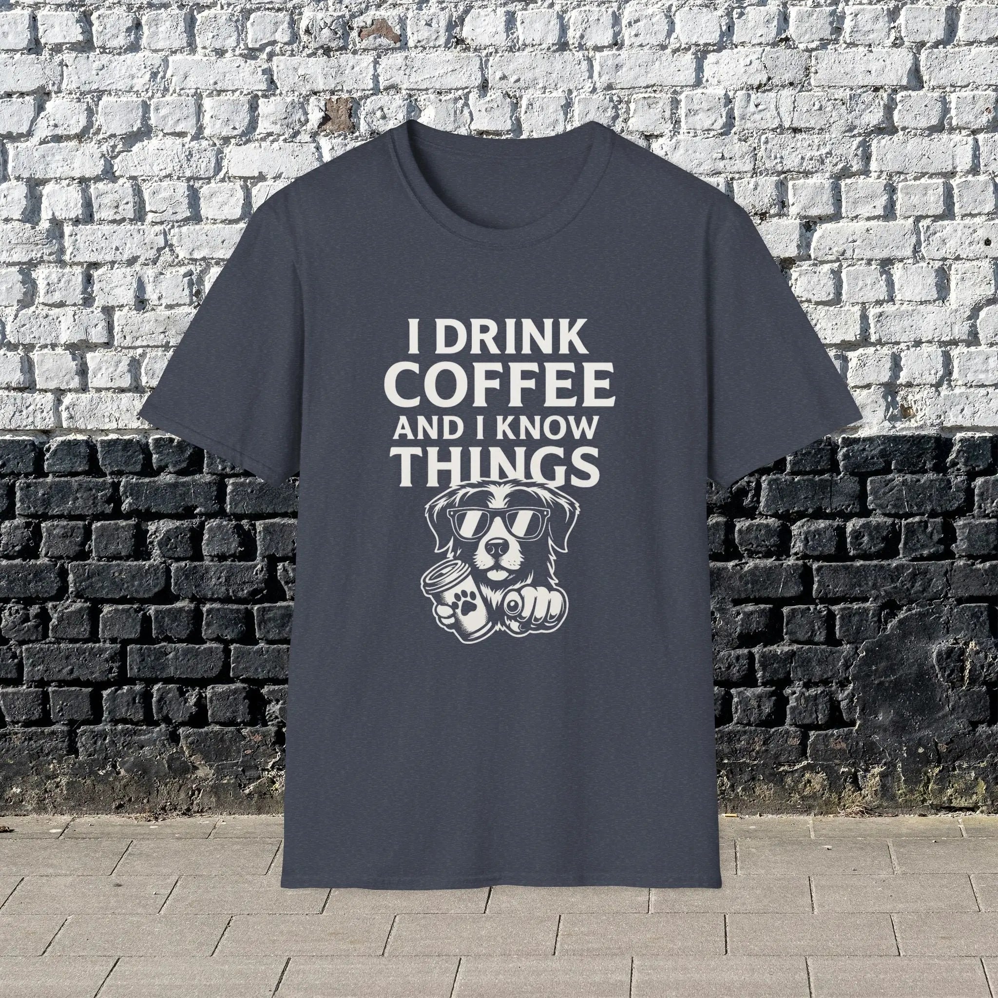 Coffee-Loving Dog T-Shirt — "I Drink Coffee and I Know Things" Printify