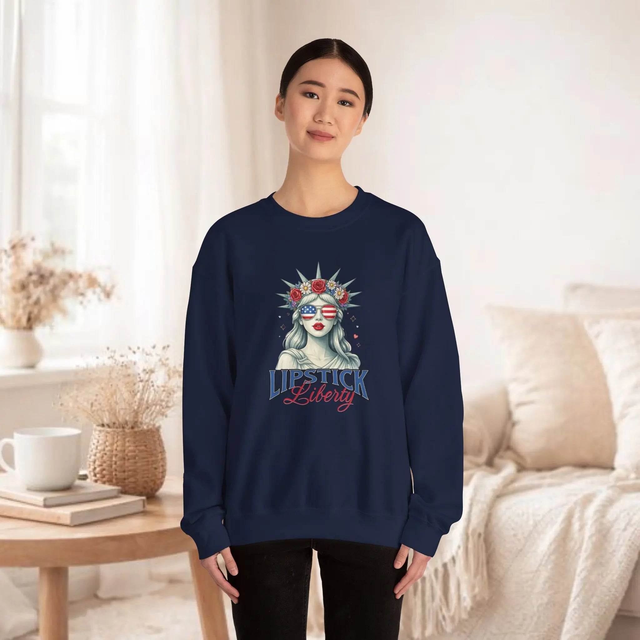 Liberty Lipstick Sweatshirt — Patriotic Statue of Liberty Graphic Crewneck Printify