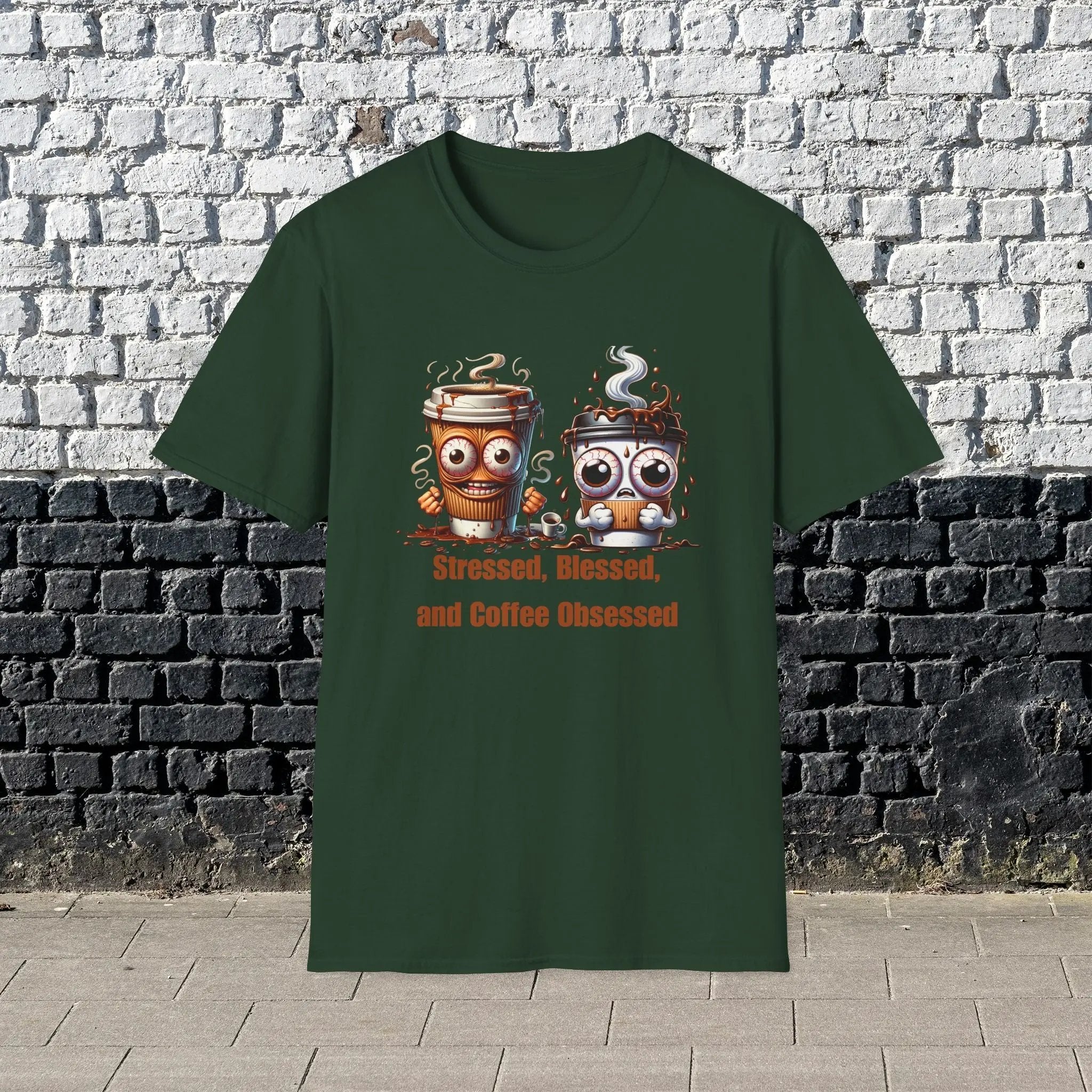 Stressed Blessed and Coffee Obsessed Shirt – Funny Coffee Lover T-Shirt, Caffeine Addict Tee, Cute Coffee Gift for Him Printify