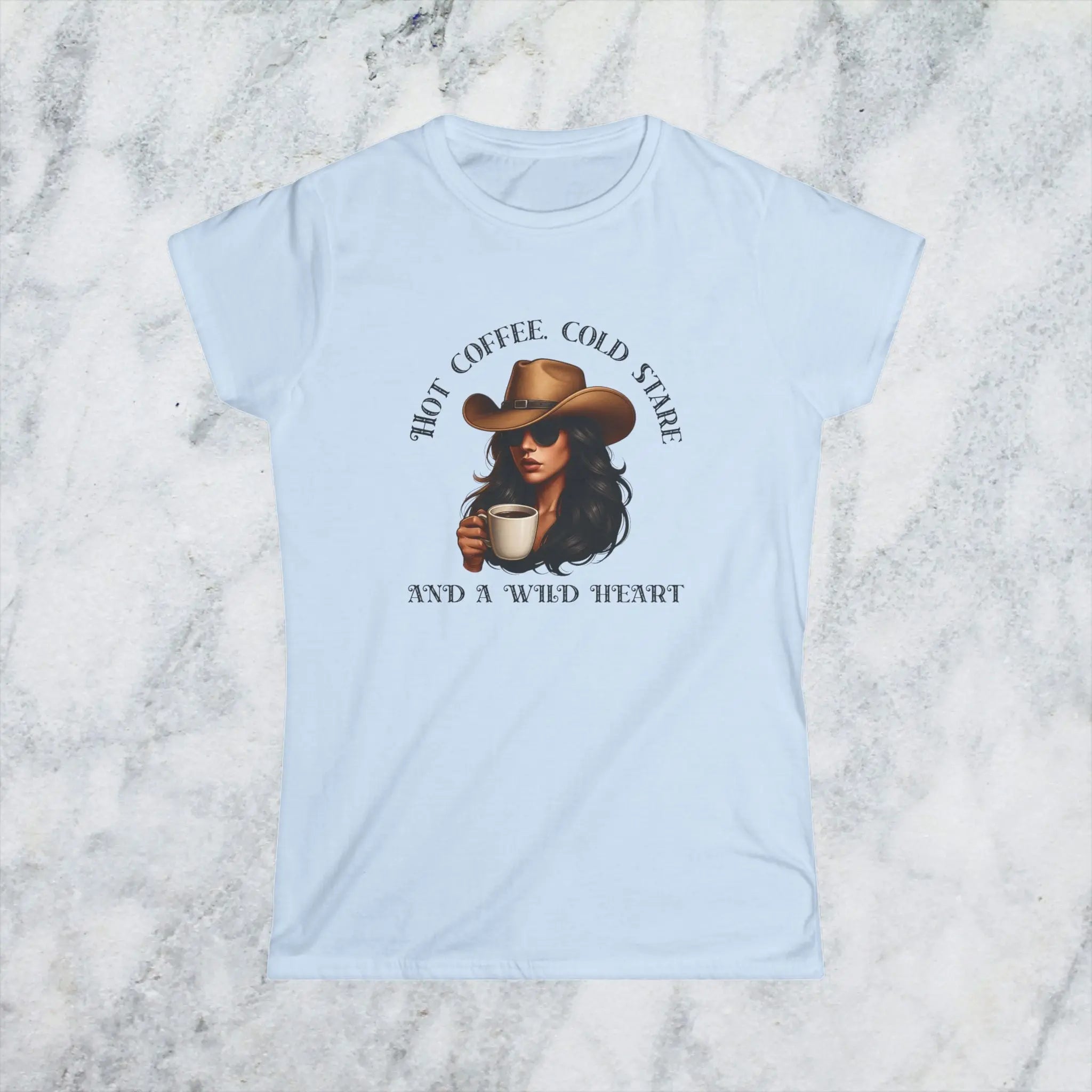 Hot Coffee Cold Stare and a Wild Heart Shirt – Western Cowgirl Coffee Lover Tee, Country Girl Graphic Shirt, Sassy Rodeo Gift Printify