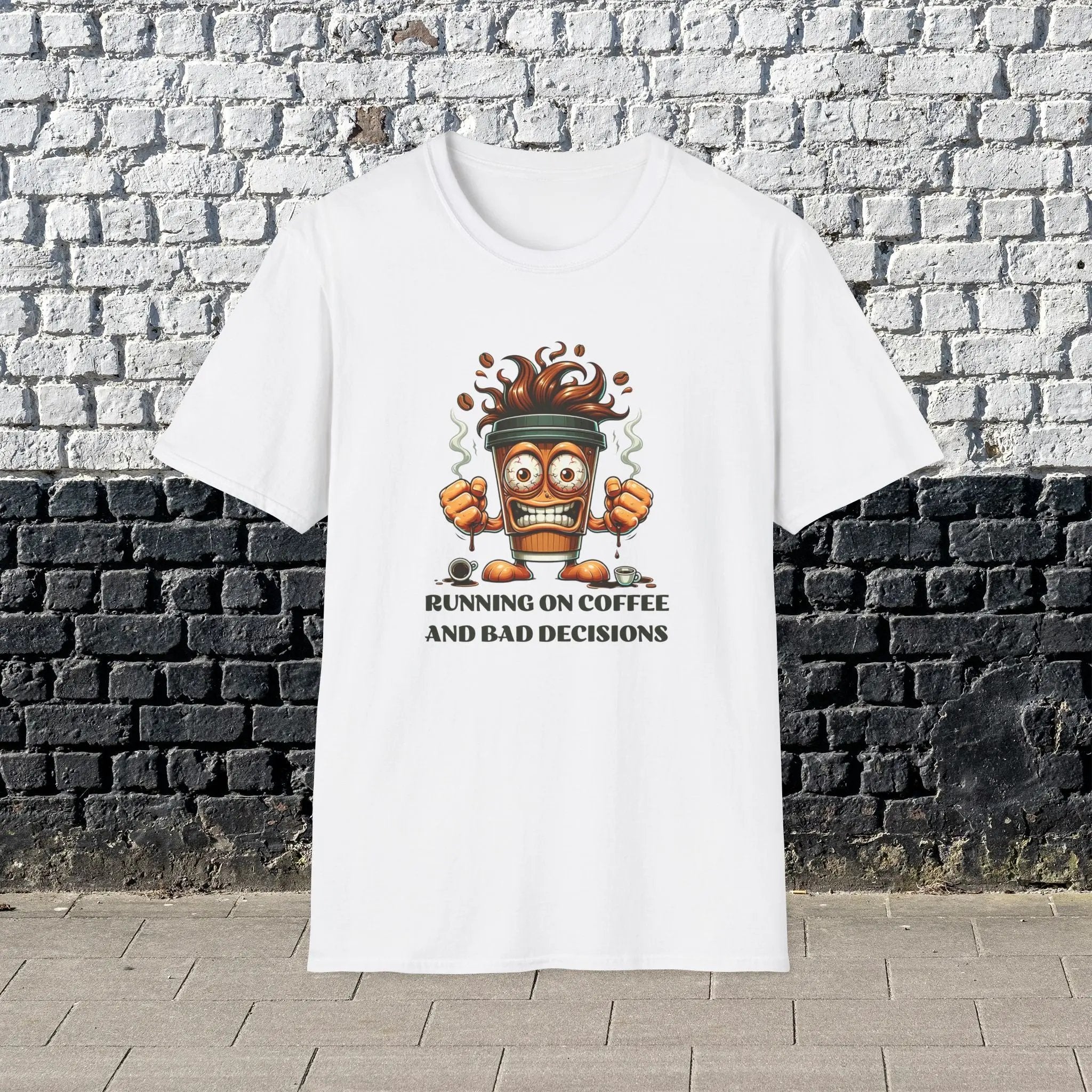 Running on Coffee and Bad Decisions Shirt – Funny Caffeine Lover T-Shirt, Sarcastic Coffee Tee, Gift for Coffee Addicts & Humor Fans Printify
