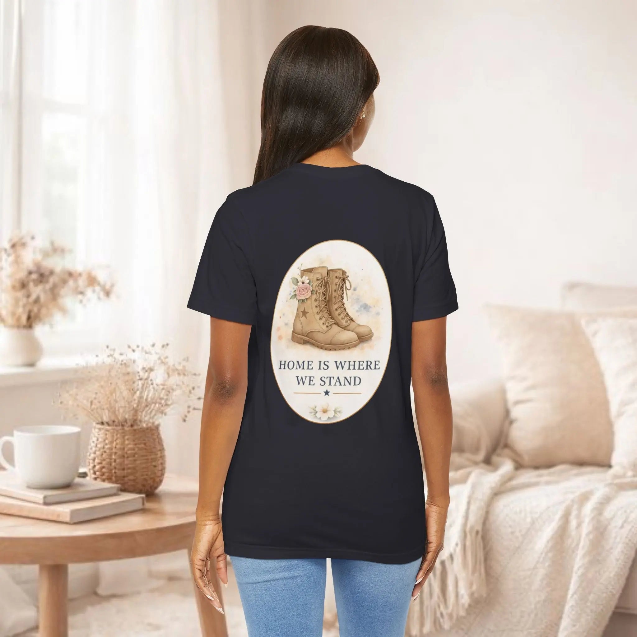 Home Is Where We Stand Tee — Hiking Boots Floral Graphic Shirt Printify