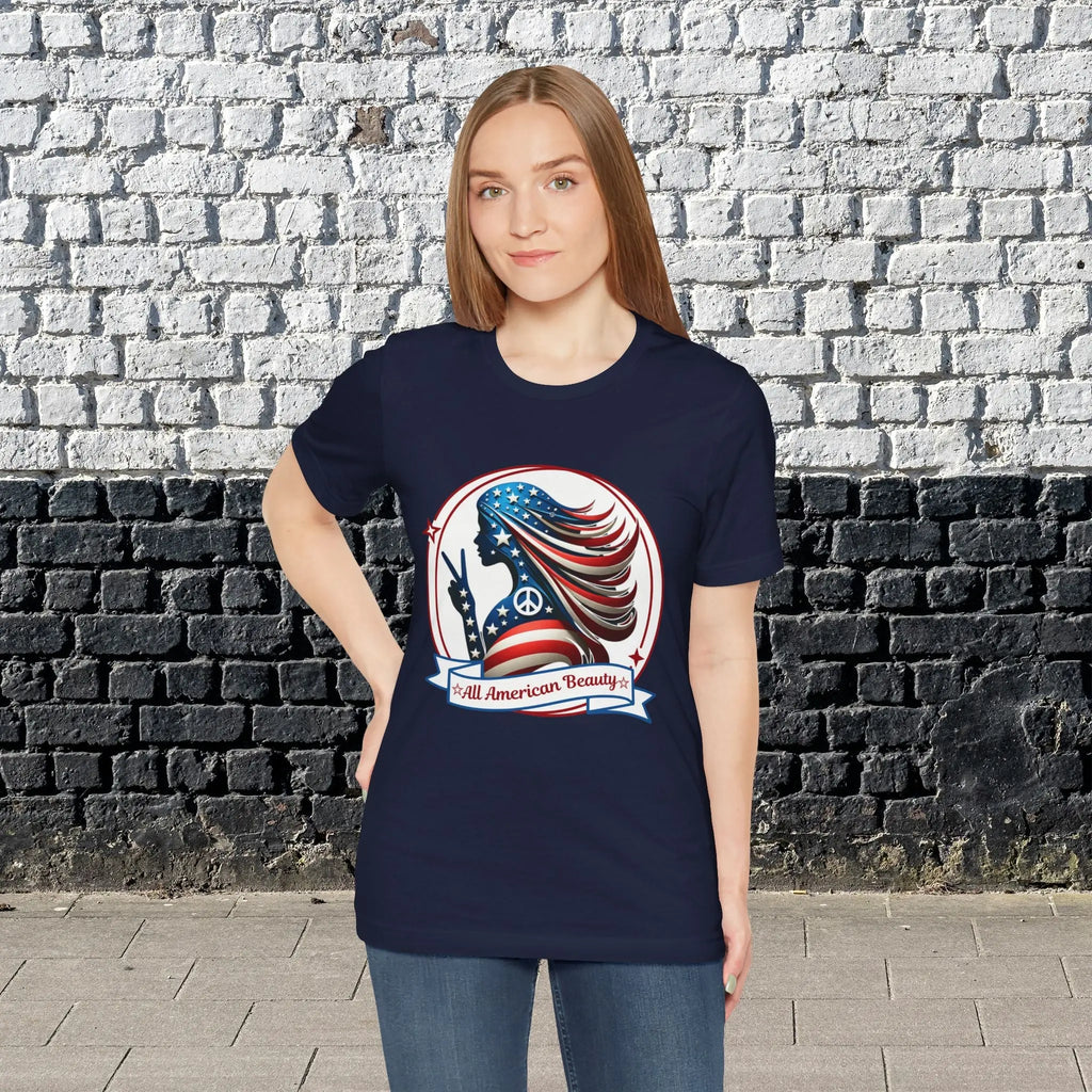 All American Beauty T-Shirt — Red White & Blue Peace Sign Silhouette Printify