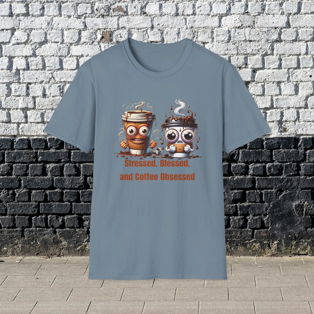 Stressed Blessed and Coffee Obsessed Shirt – Funny Coffee Lover T-Shirt, Caffeine Addict Tee, Cute Coffee Gift for Him Printify