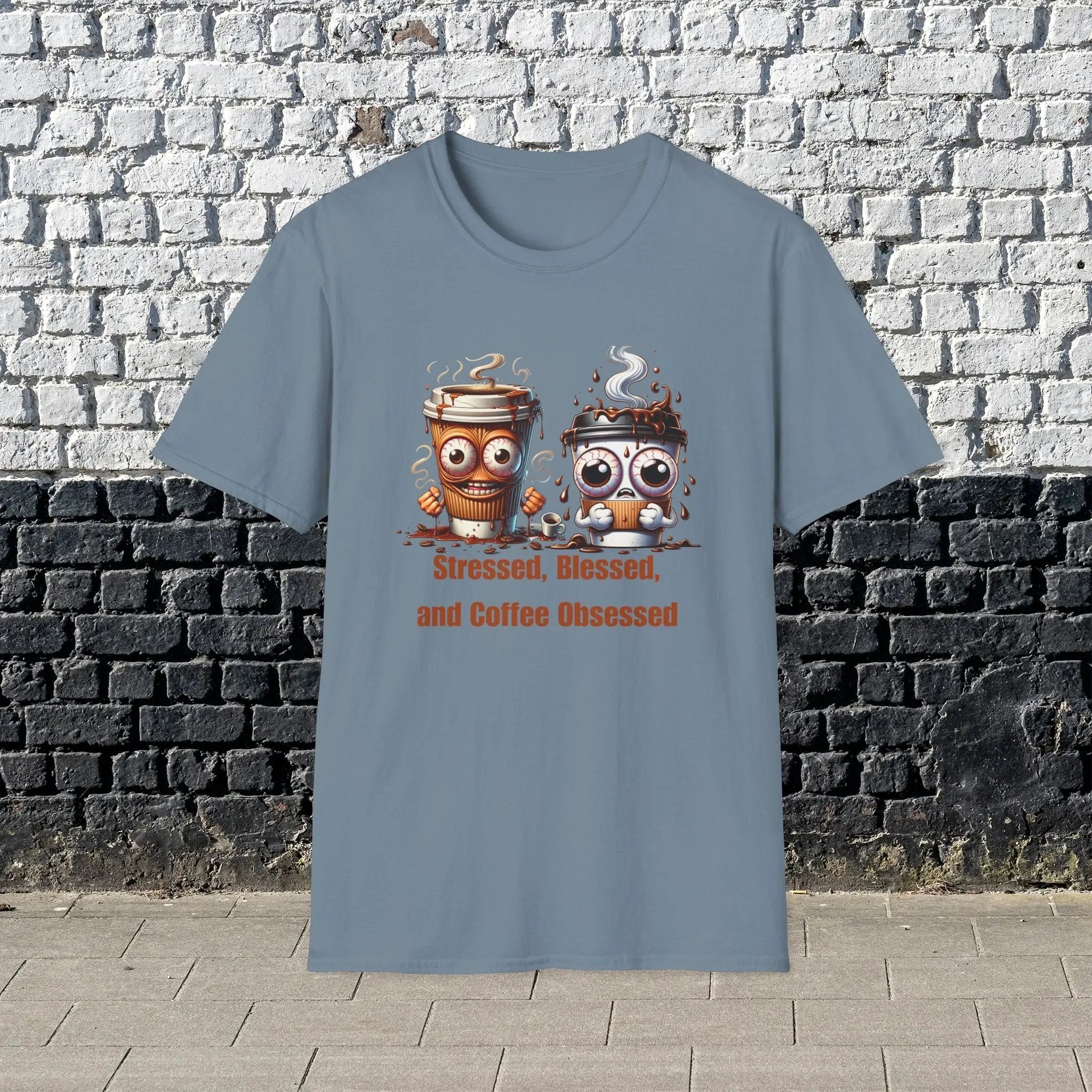 Stressed Blessed and Coffee Obsessed Shirt – Funny Coffee Lover T-Shirt, Caffeine Addict Tee, Cute Coffee Gift for Him Printify