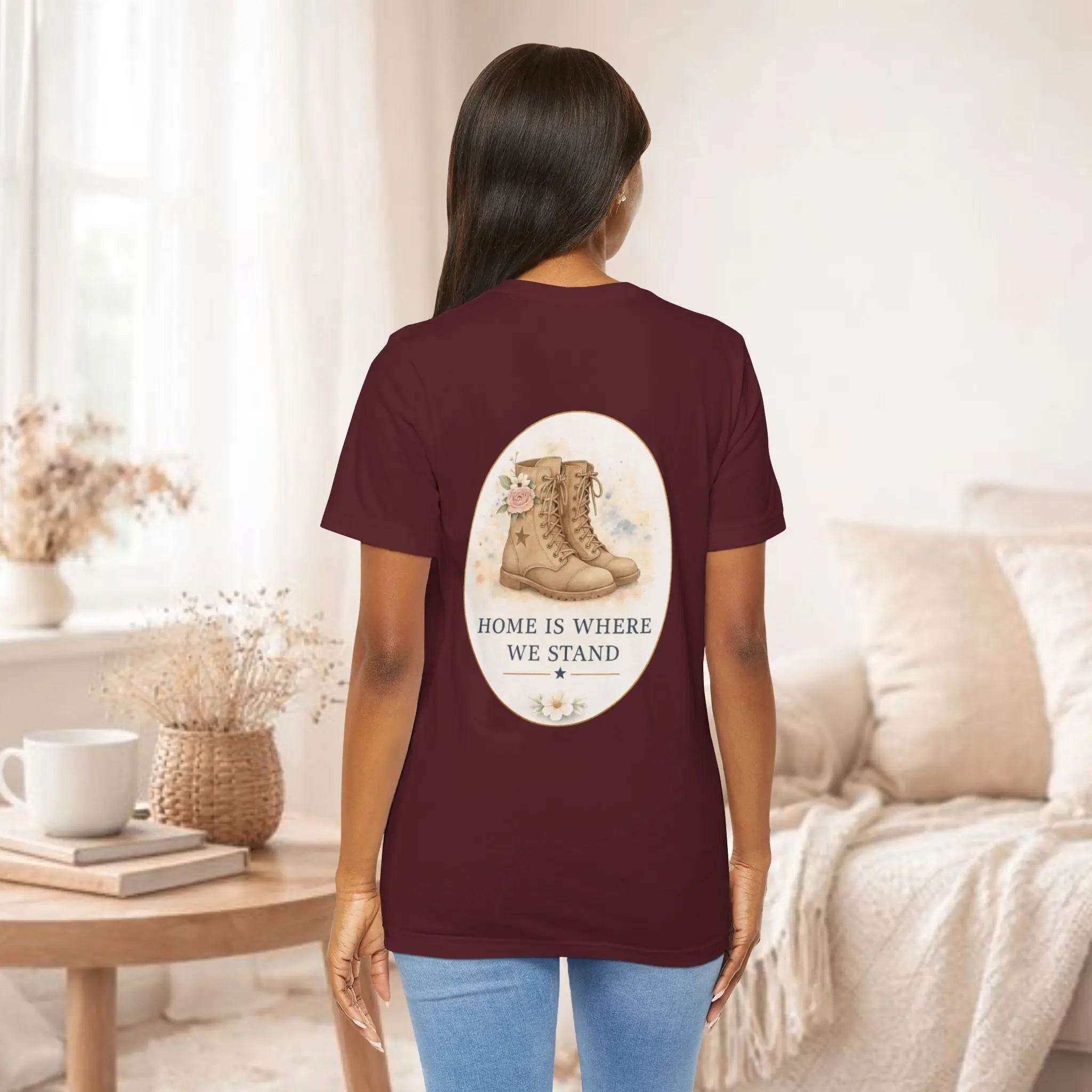 Home Is Where We Stand Tee — Hiking Boots Floral Graphic Shirt Printify