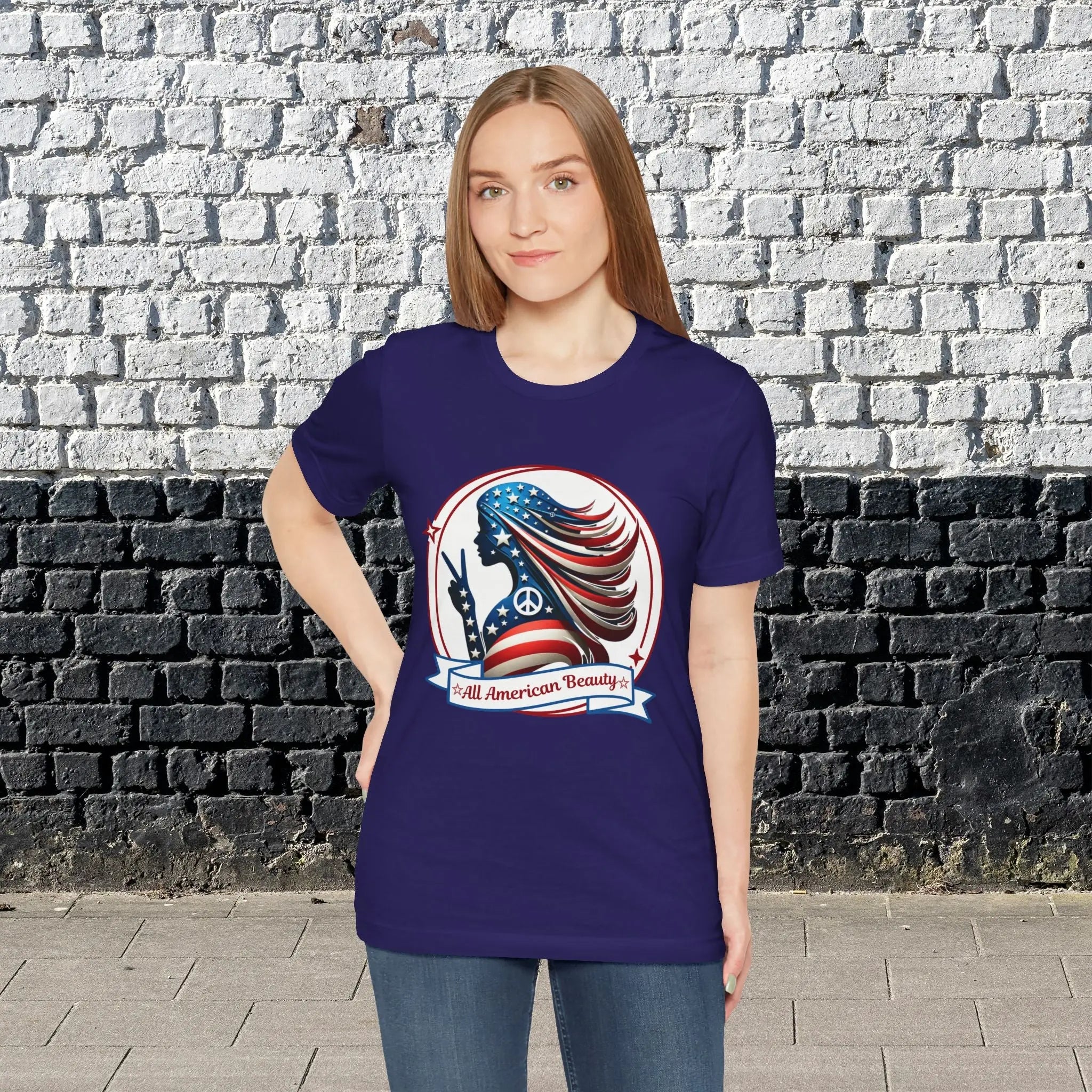 All American Beauty T-Shirt — Red White & Blue Peace Sign Silhouette Printify