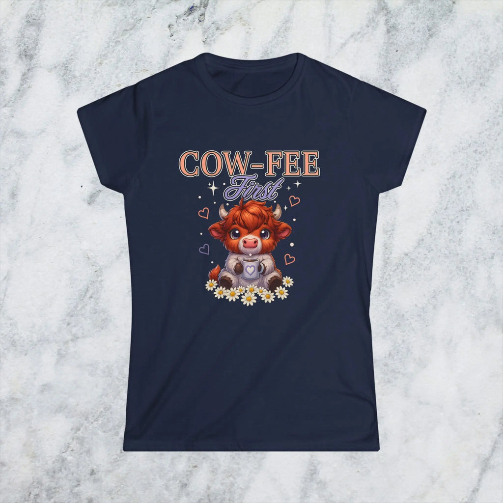 Cute Cow Coffee Tee — "Cow-fee First" Women's Softstyle T-Shirt Printify