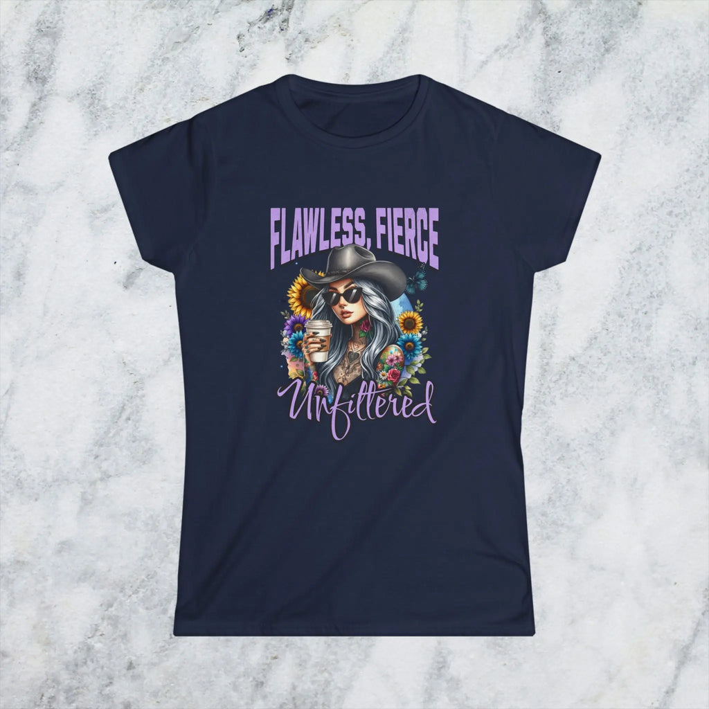 Unfiltered T-shirt - Sassy woman with cowboy hat and coffee surrounded by sunflowers Printify