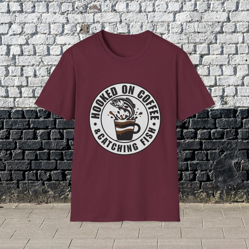 Hooked on Coffee & Catching Fish T‑Shirt – Fishing & Coffee Lover Tee Printify