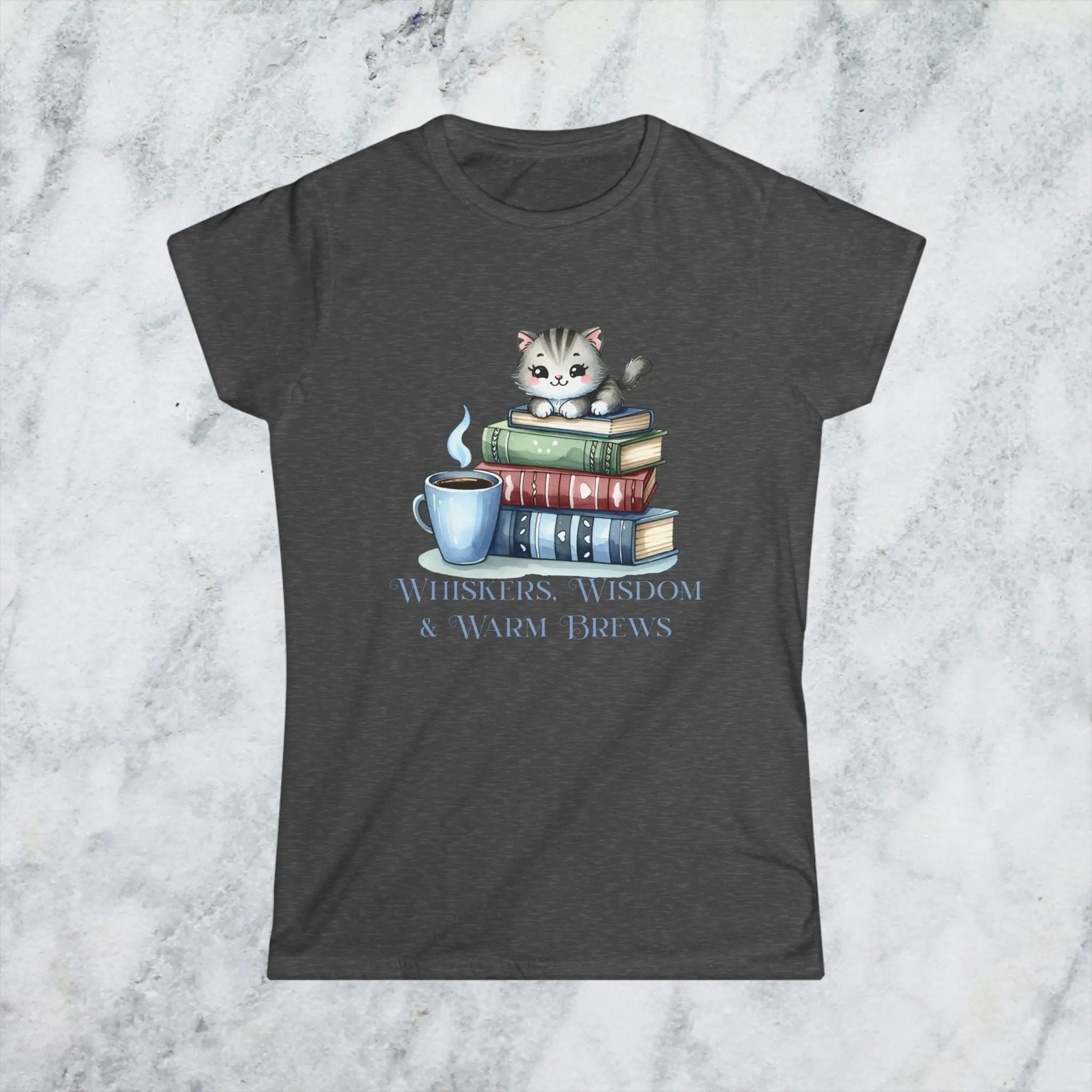 Whiskers Wisdom & Warm Brews Shirt – Cute Cat Coffee Lover Tee, Bookworm Cozy Reading T-Shirt, Cat Mom Gift for Caffeine Lovers Printify