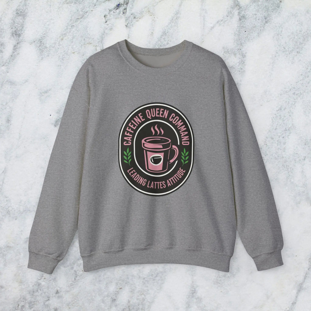 Coffee Crewneck Sweatshirt — "Caffeine Queen Command" Latte Lovers Pullover Printify