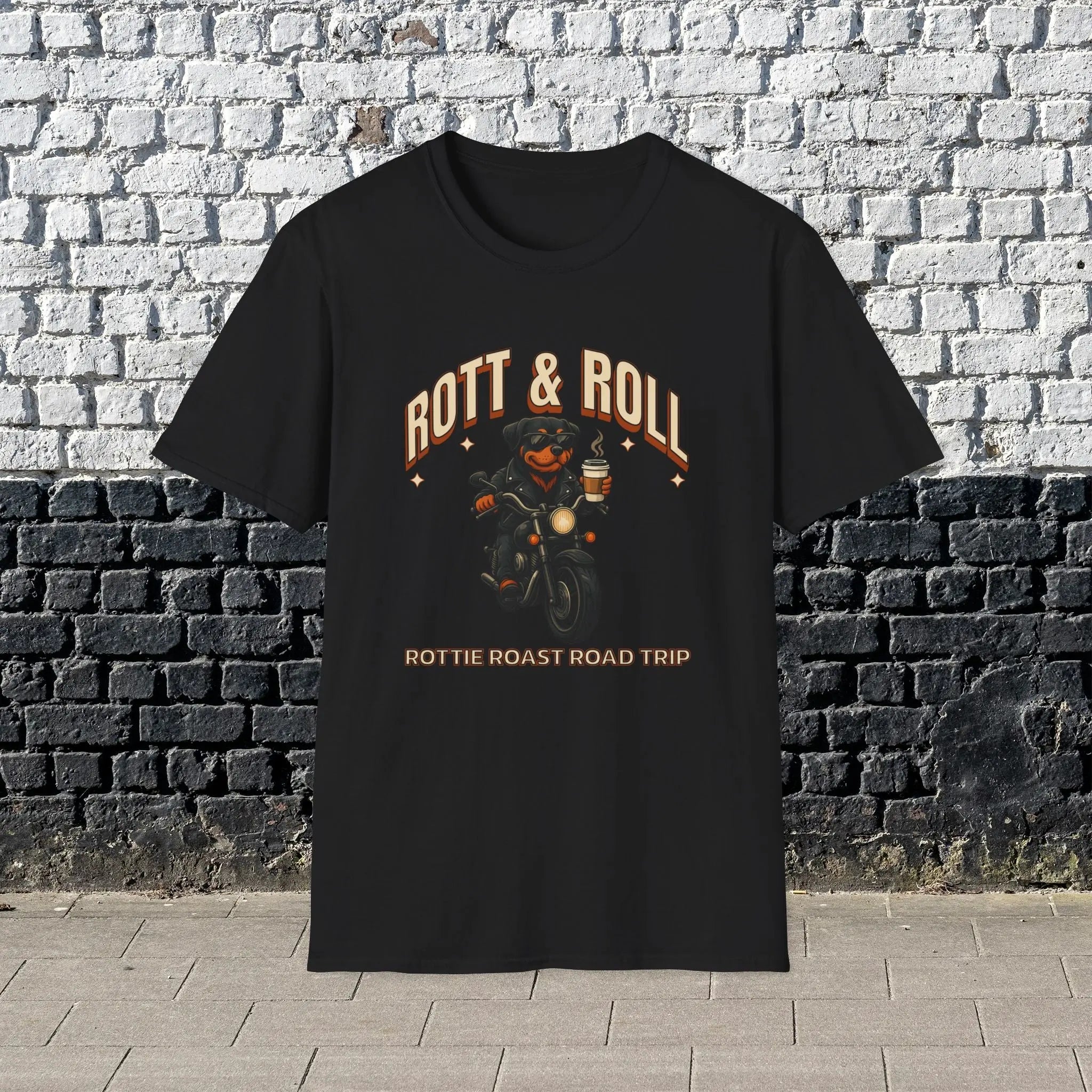 Rott & Roll T-Shirt — 'Rottie Roast Road Trip' Motorcycle Dog Graphic Tee Printify